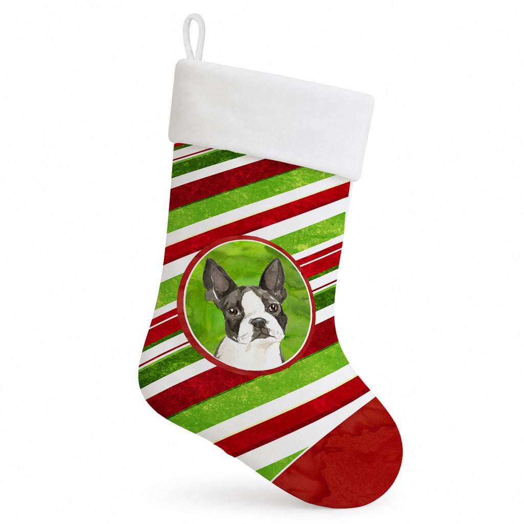 Boston Terrier Christmas Candy Stripe Holiday Stocking Double-Sided Print, Polyester Suede,11x18, Made in USA