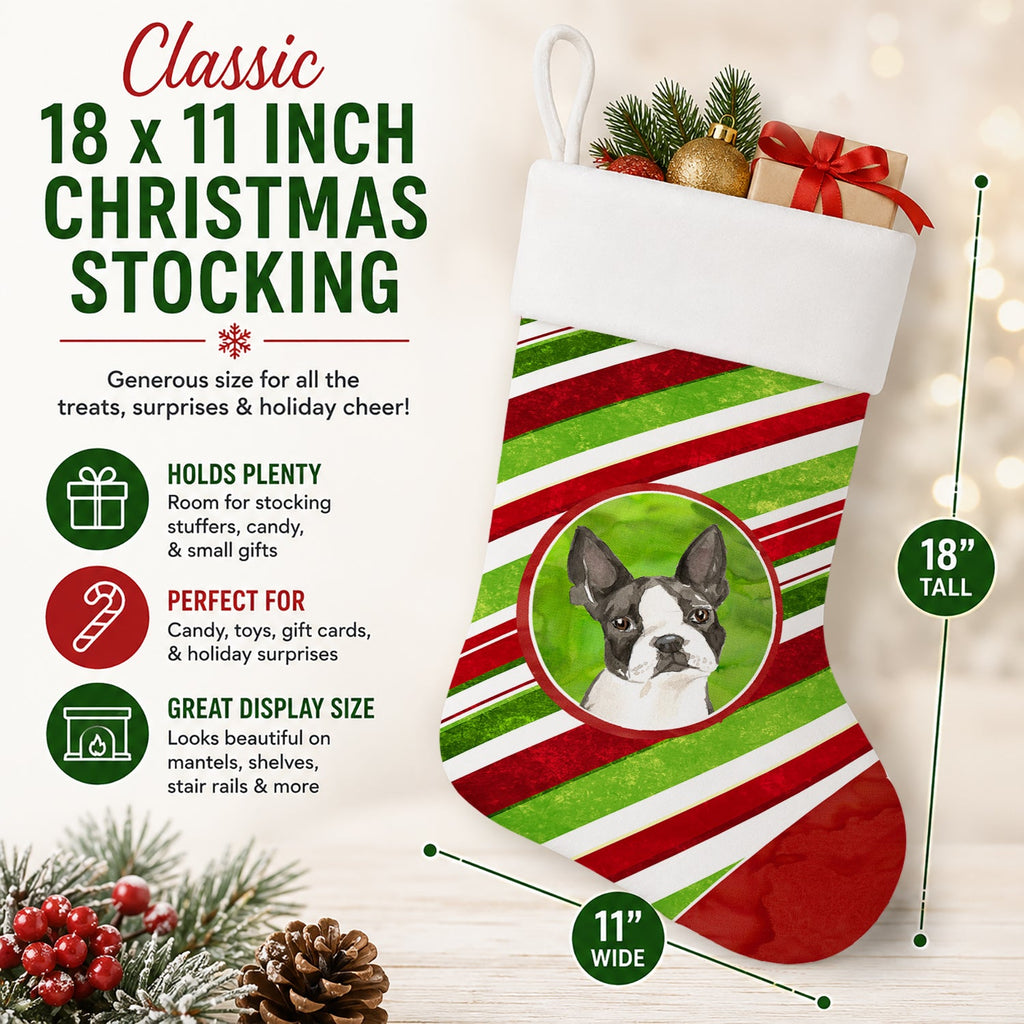 Boston Terrier Christmas Candy Stripe Holiday Stocking Double-Sided Print, Polyester Suede,11x18, Made in USA