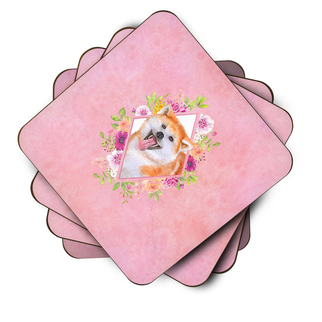 Akita Pink Flowers Foam Coasters Set of 4 Cup Coasters for Indoor Outdoor, Tabletop Protection, Anti Slip, Mouse pad Material