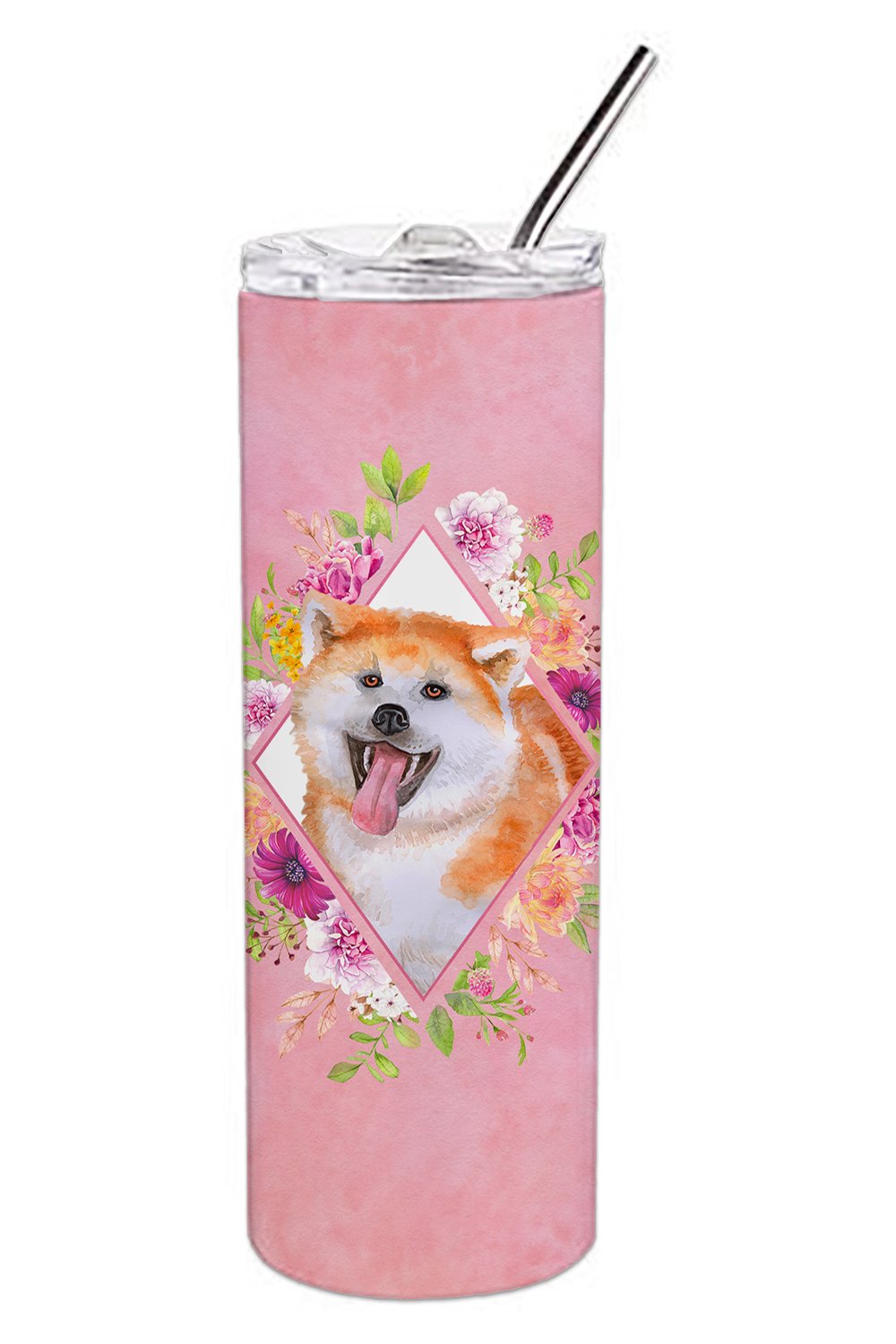 Akita Pink Flowers Stainless Steel Skinny Tumbler 20 oz Vacuum Double Walled Reusable Insulated Travel Cup