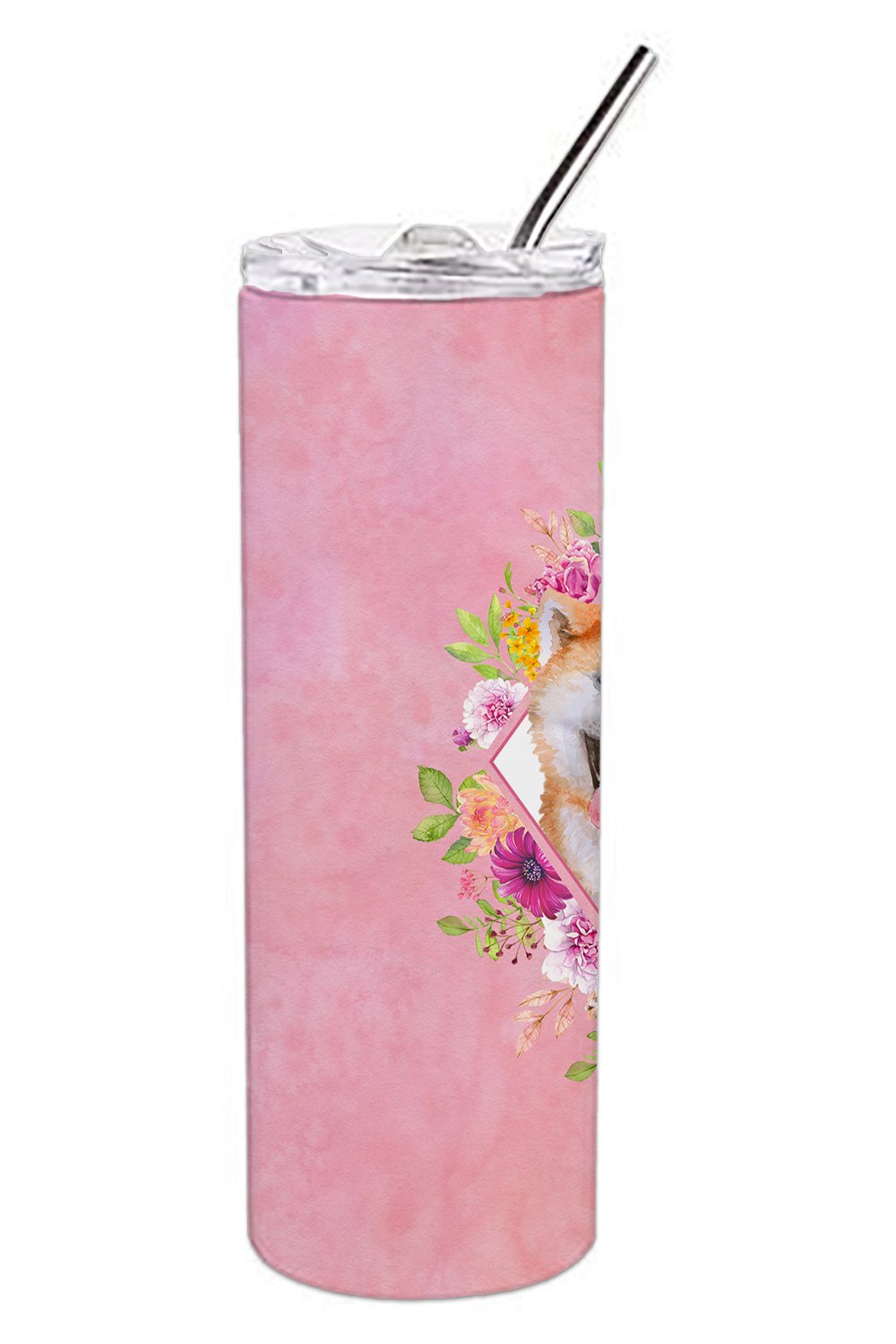 Akita Pink Flowers Stainless Steel Skinny Tumbler 20 oz Vacuum Double Walled Reusable Insulated Travel Cup