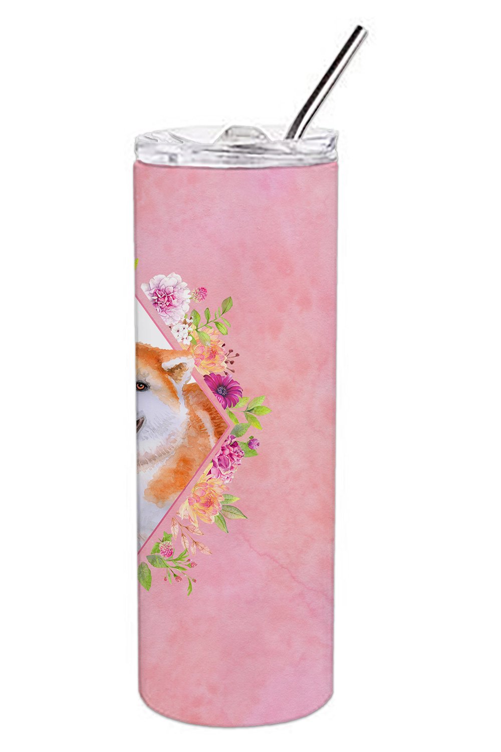 Akita Pink Flowers Stainless Steel Skinny Tumbler 20 oz Vacuum Double Walled Reusable Insulated Travel Cup