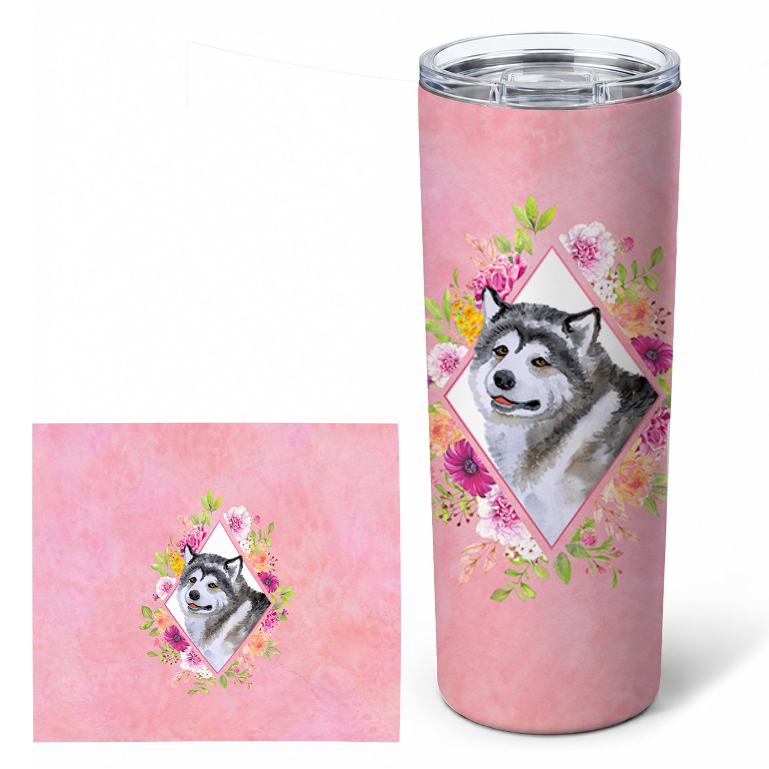 Alaskan Malamute Pink Flowers Stainless Steel Skinny Tumbler 20 oz Vacuum Double Walled Reusable Insulated Travel Cup