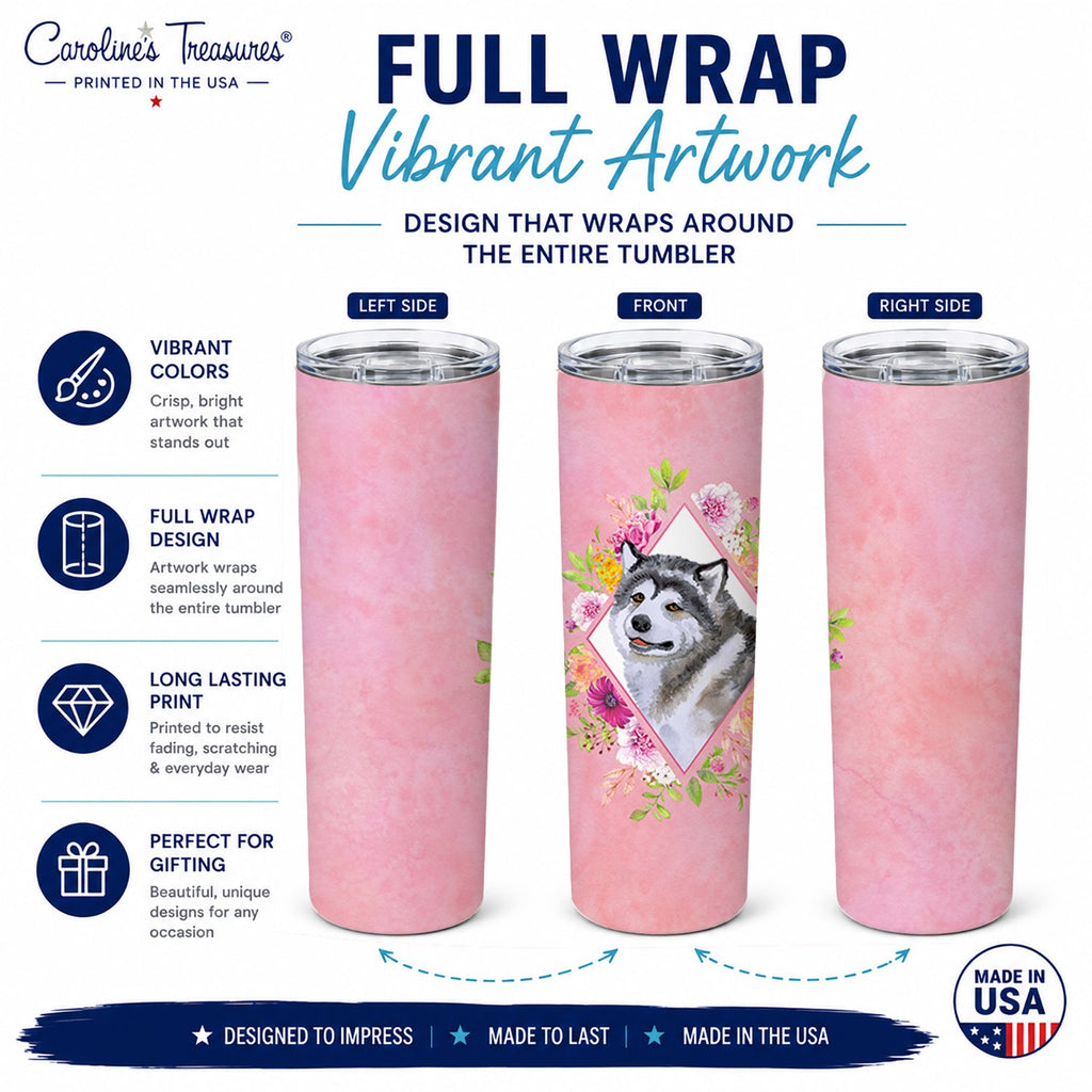 Alaskan Malamute Pink Flowers Stainless Steel Skinny Tumbler 20 oz Vacuum Double Walled Reusable Insulated Travel Cup