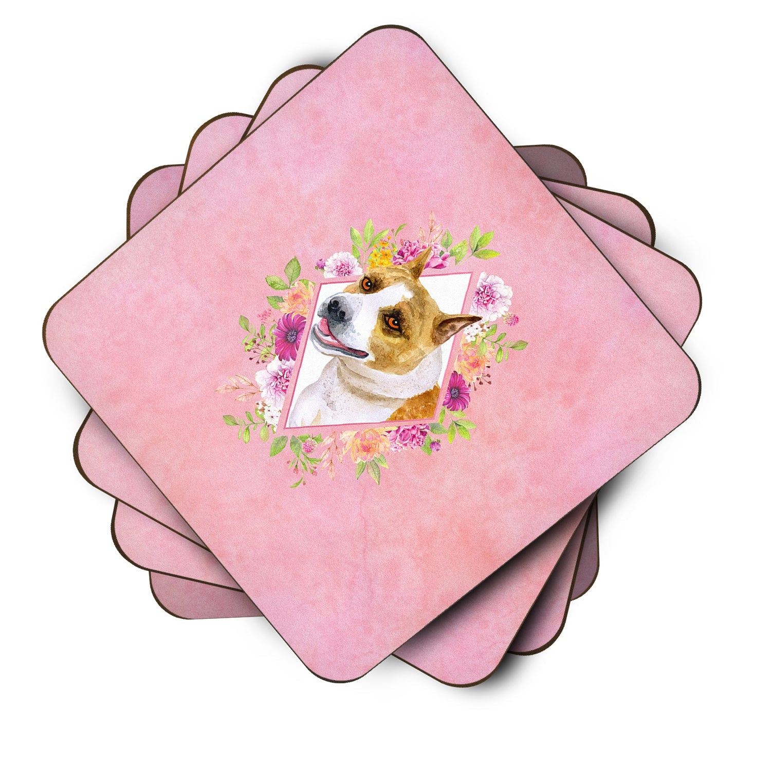 Bull Terrier Pink Flowers Foam Coasters Set of 4 Cup Coasters for Indoor Outdoor, Tabletop Protection, Anti Slip, Mouse pad Material