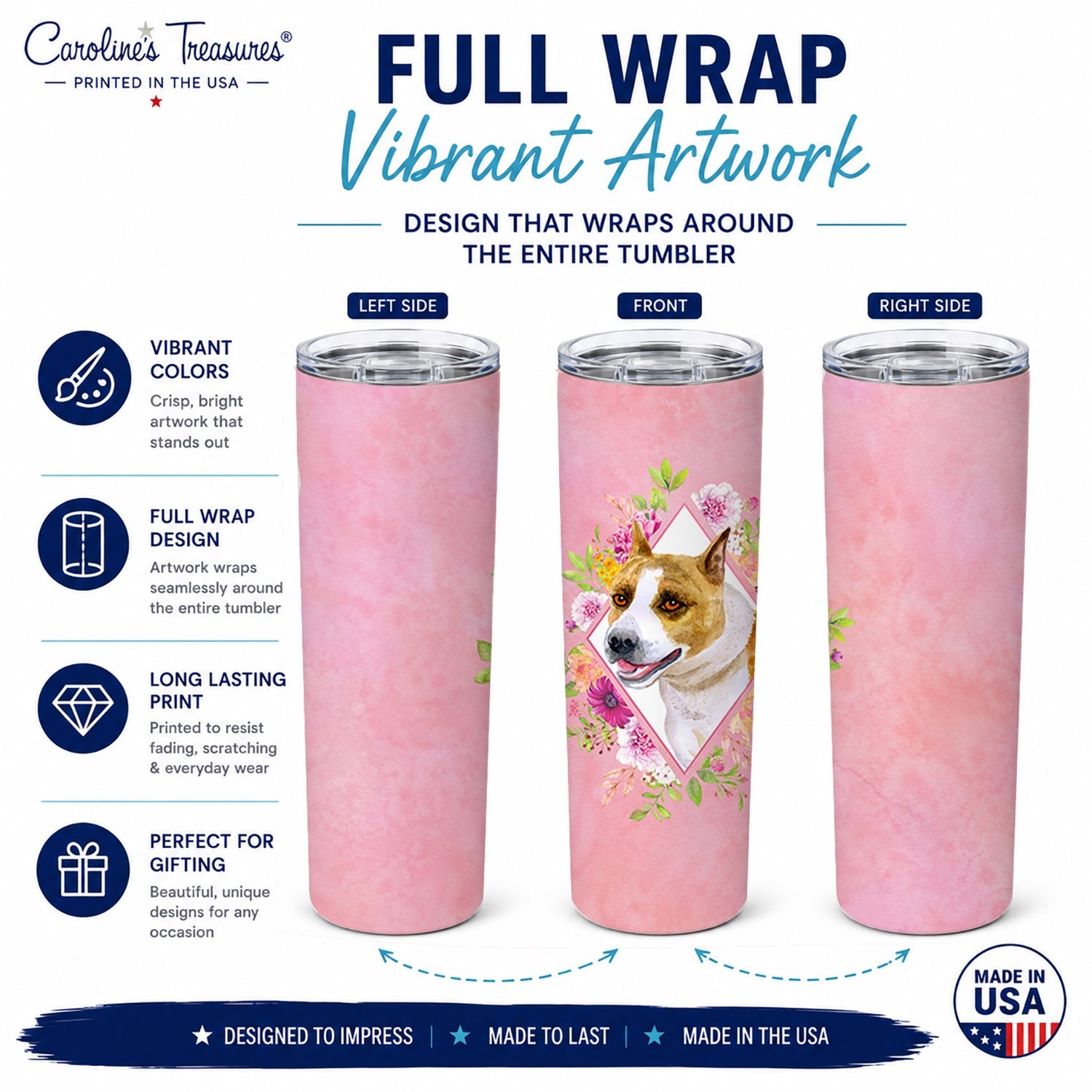 Bull Terrier Pink Flowers Stainless Steel Skinny Tumbler 20 oz Vacuum Double Walled Reusable Insulated Travel Cup
