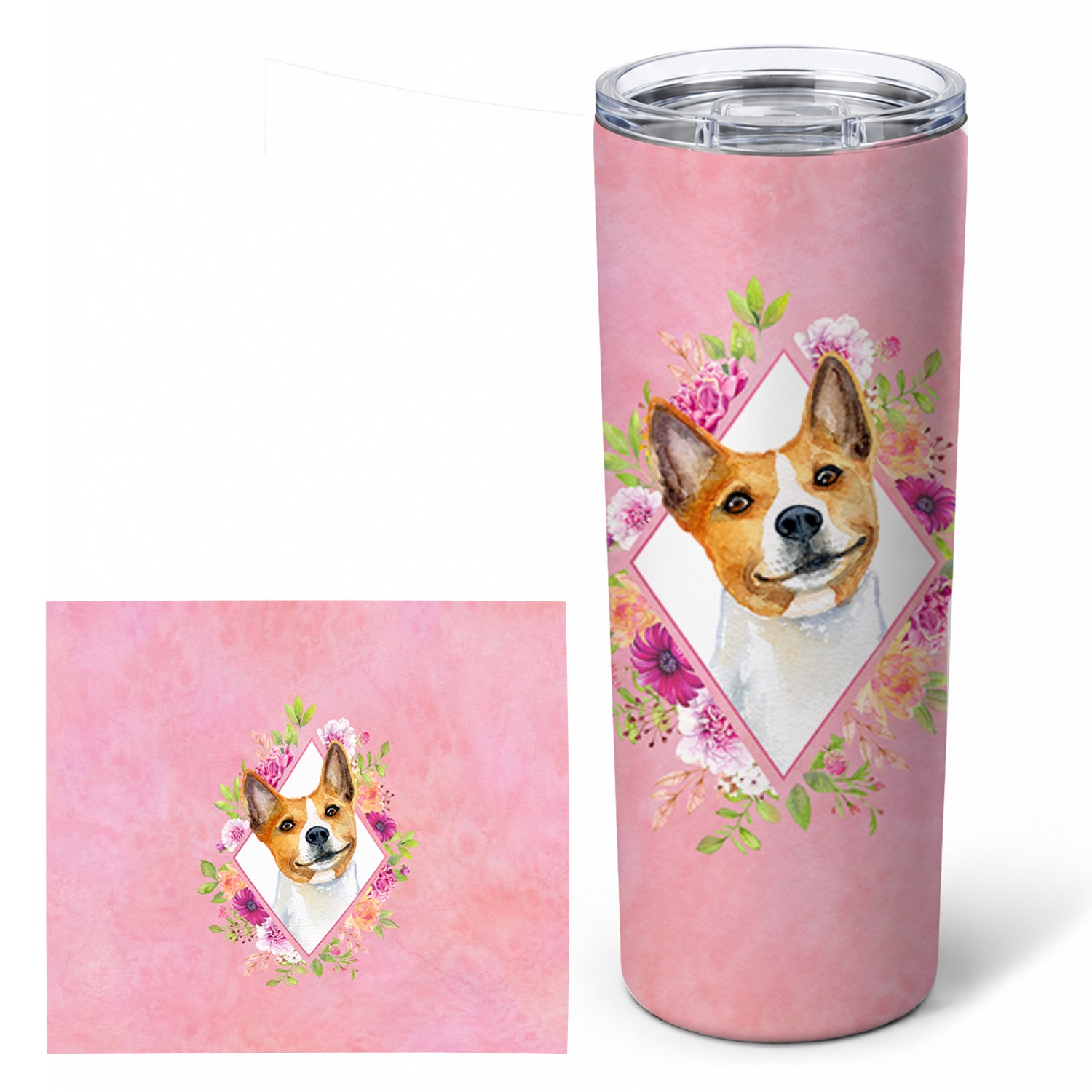 Basenji Pink Flowers Stainless Steel Skinny Tumbler 20 oz Vacuum Double Walled Reusable Insulated Travel Cup