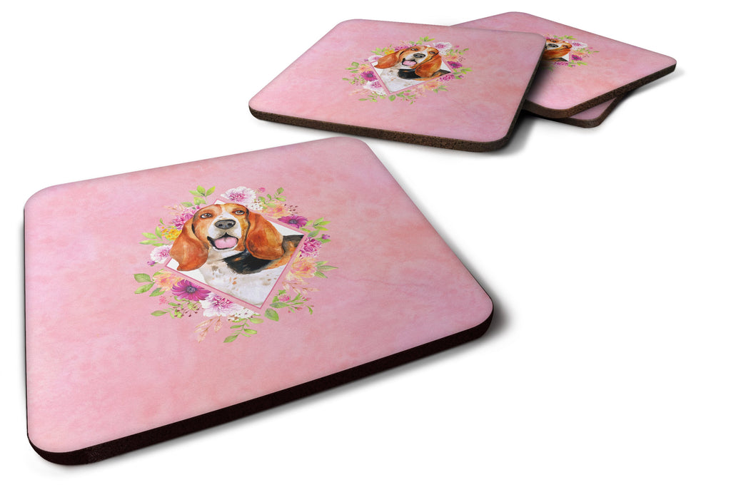 Basset Hound Pink Flowers Foam Coasters Set of 4 Cup Coasters for Indoor Outdoor, Tabletop Protection, Anti Slip, Mouse pad Material