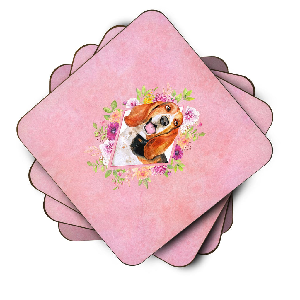 Basset Hound Pink Flowers Foam Coasters Set of 4 Cup Coasters for Indoor Outdoor, Tabletop Protection, Anti Slip, Mouse pad Material