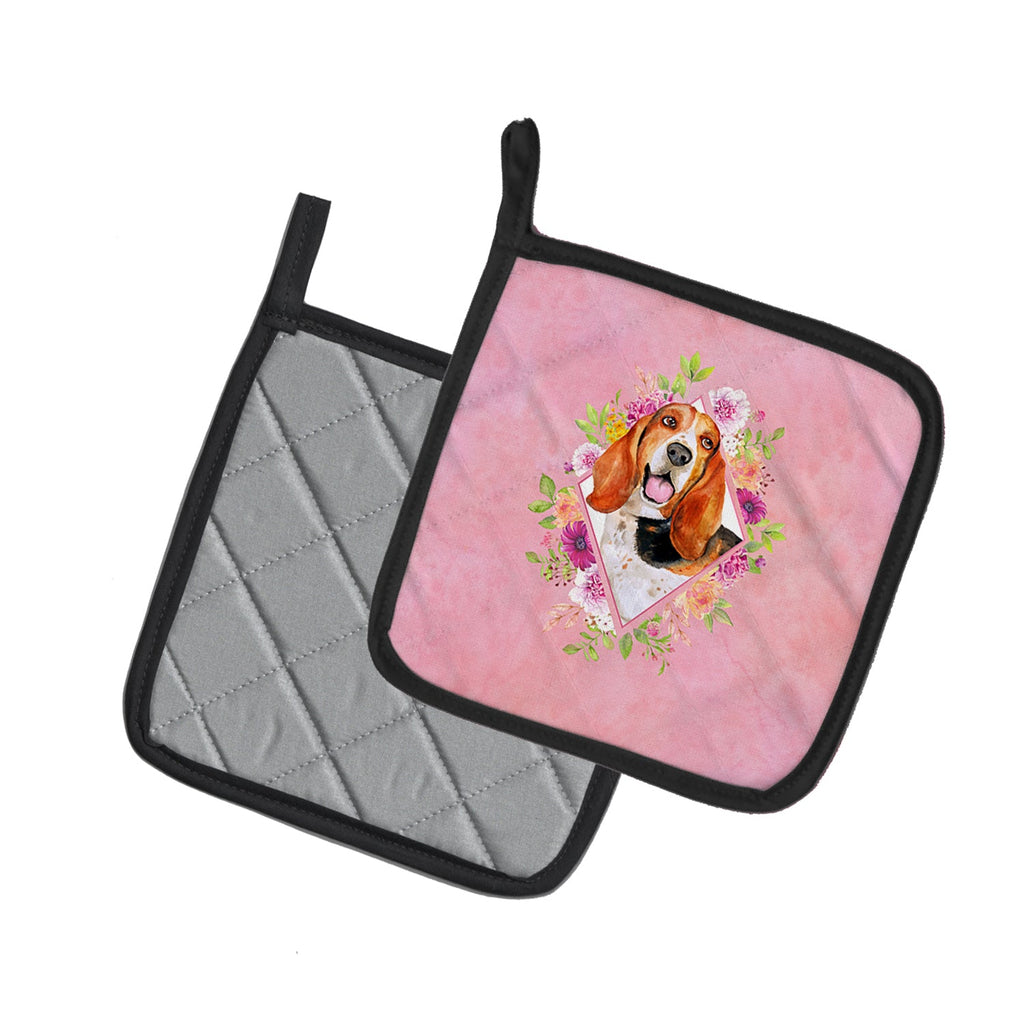Basset Hound Pink Flowers Pot Holder Set of 2 Heat Resistant Quilted Hot Pads 7.5 x 7.5 Inch, Insulated Kitchen Trivets for Cooking & Baking