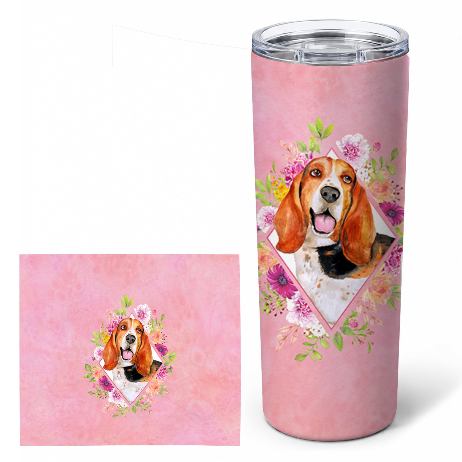 Basset Hound Pink Flowers Stainless Steel Skinny Tumbler 20 oz Vacuum Double Walled Reusable Insulated Travel Cup