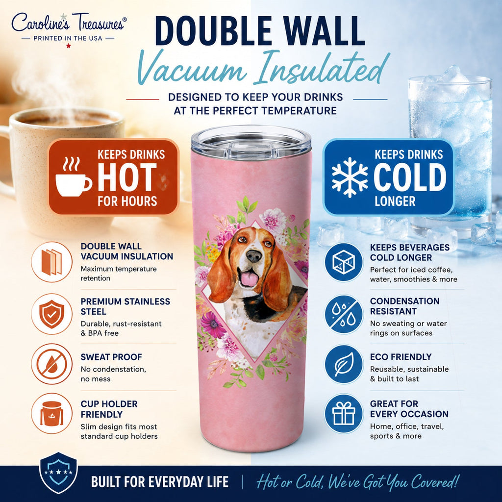 Basset Hound Pink Flowers Stainless Steel Skinny Tumbler 20 oz Vacuum Double Walled Reusable Insulated Travel Cup