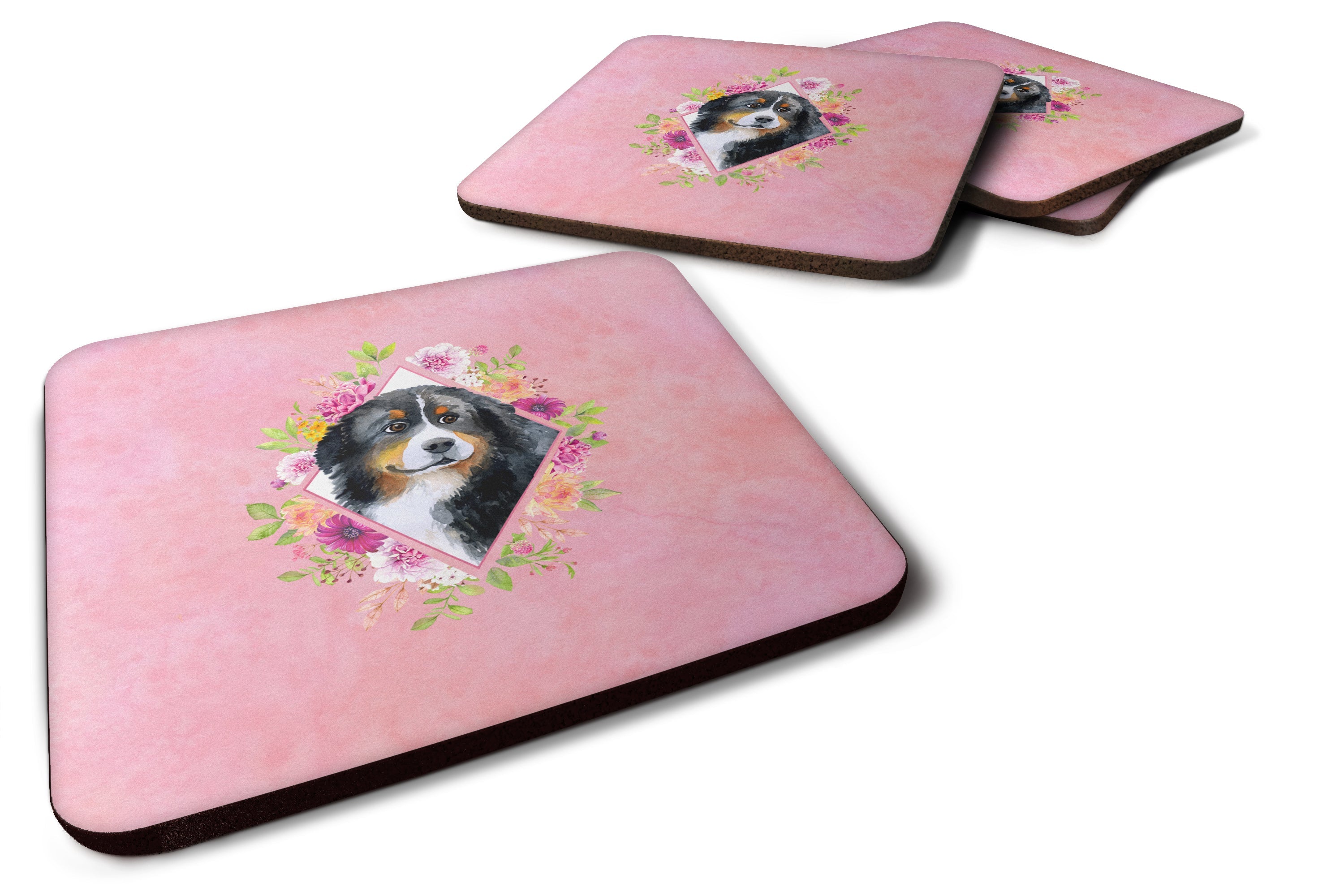 Bernese Mountain Dog Pink Flowers Foam Coasters Set of 4 Cup Coasters for Indoor Outdoor, Tabletop Protection, Anti Slip, Mouse pad Material