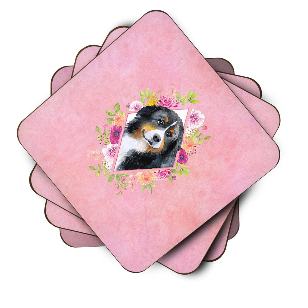Bernese Mountain Dog Pink Flowers Foam Coasters Set of 4 Cup Coasters for Indoor Outdoor, Tabletop Protection, Anti Slip, Mouse pad Material