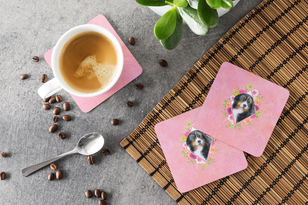 Bernese Mountain Dog Pink Flowers Foam Coasters Set of 4 Cup Coasters for Indoor Outdoor, Tabletop Protection, Anti Slip, Mouse pad Material