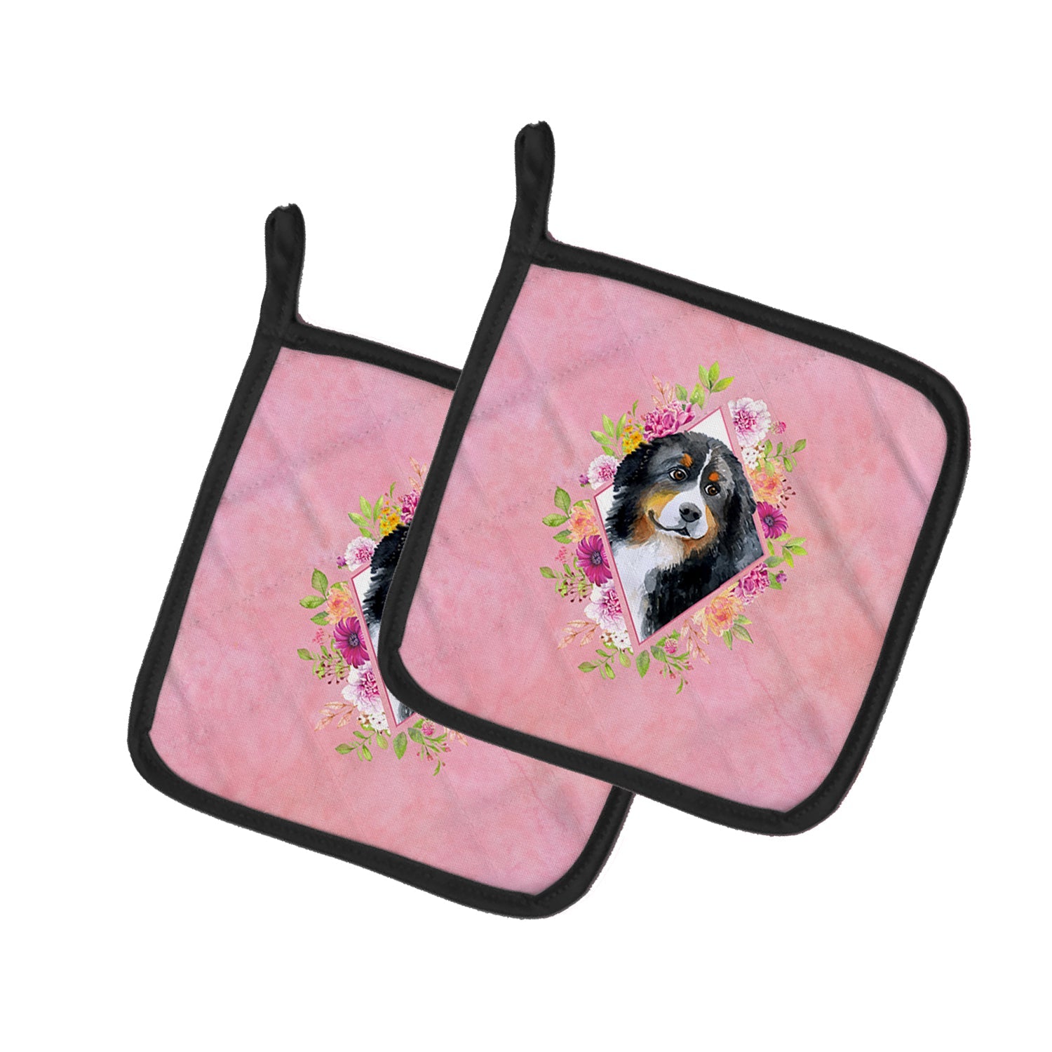 Bernese Mountain Dog Pink Flowers Pot Holder Set of 2 Heat Resistant Quilted Hot Pads 7.5 x 7.5 Inch, Insulated Kitchen Trivets for Cooking & Baking