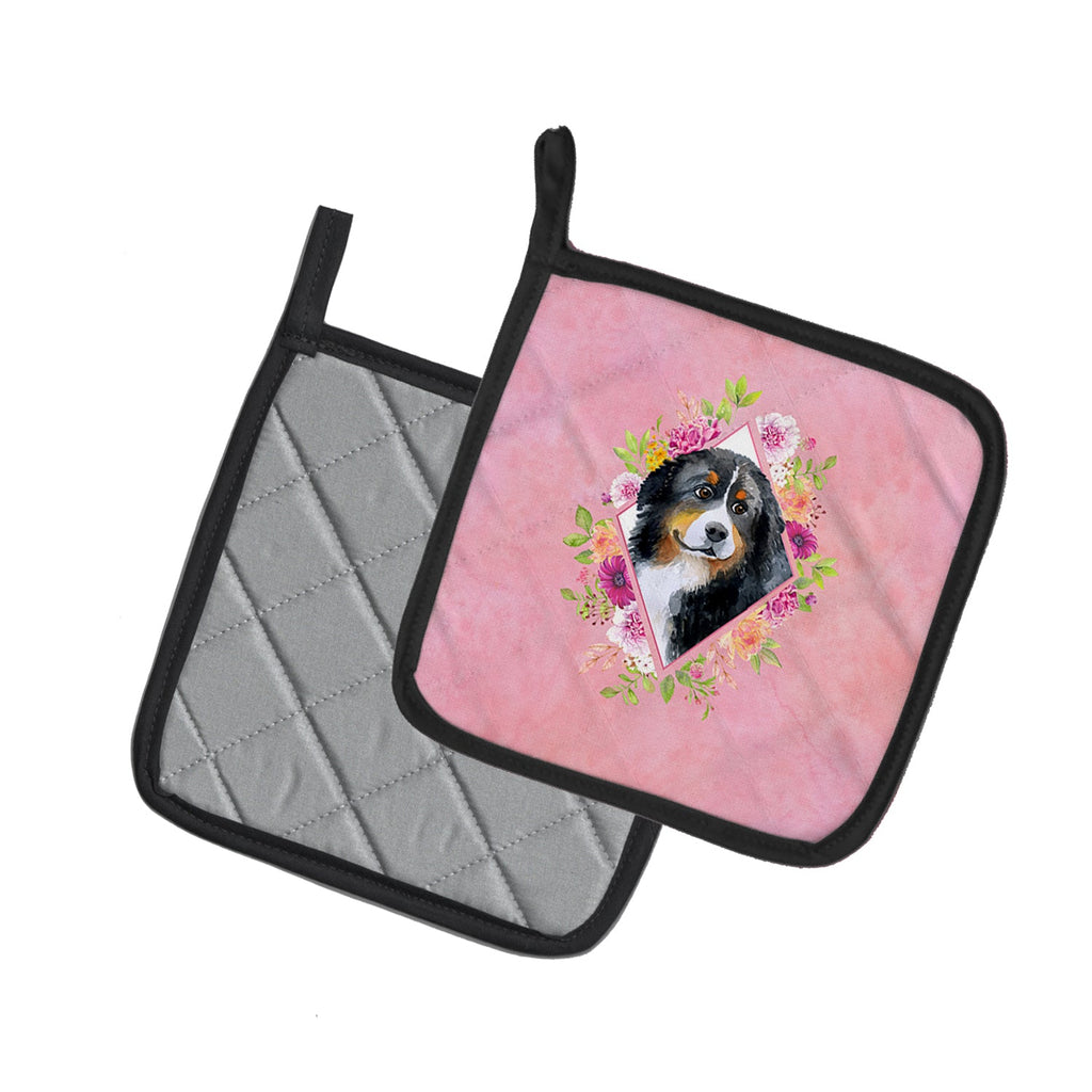 Bernese Mountain Dog Pink Flowers Pot Holder Set of 2 Heat Resistant Quilted Hot Pads 7.5 x 7.5 Inch, Insulated Kitchen Trivets for Cooking & Baking