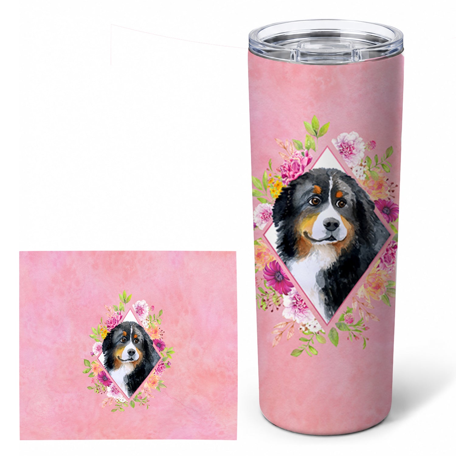 Bernese Mountain Dog Pink Flowers Stainless Steel Skinny Tumbler 20 oz Vacuum Double Walled Reusable Insulated Travel Cup