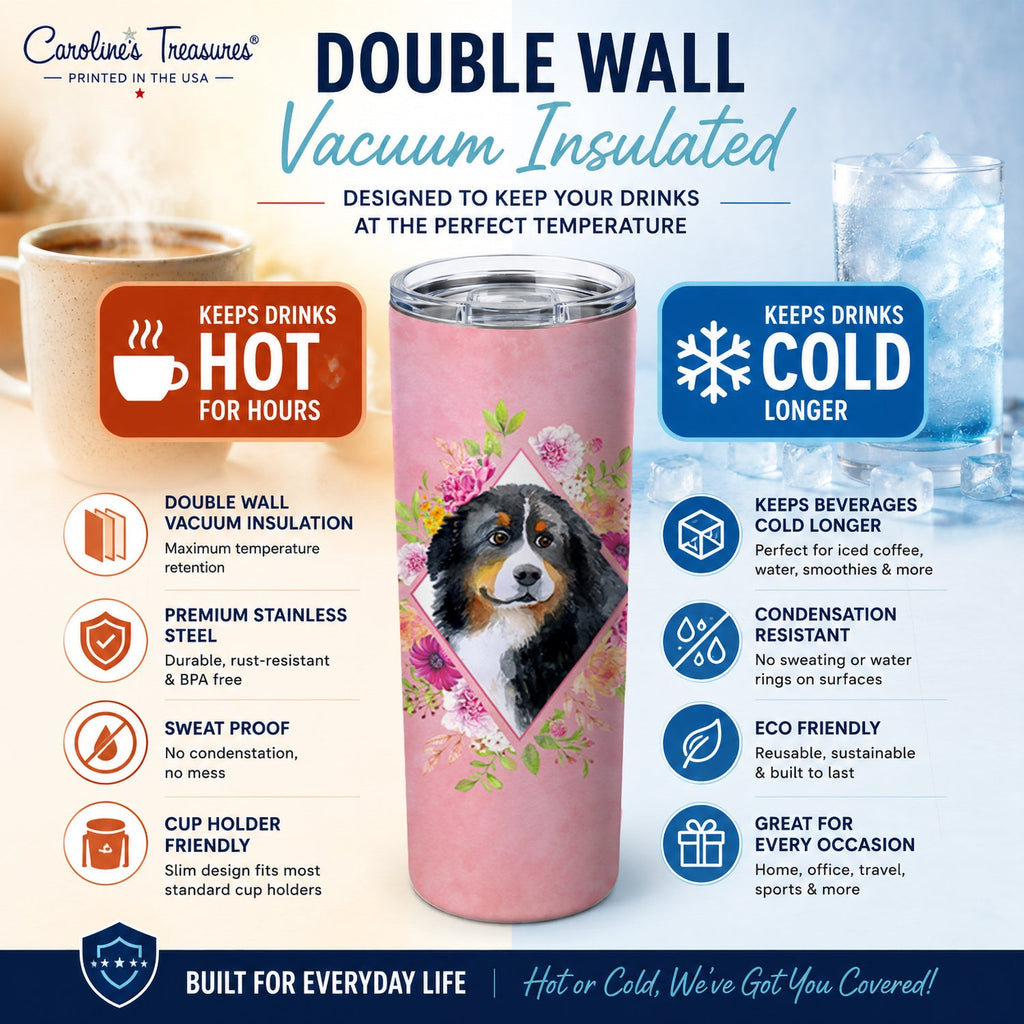 Bernese Mountain Dog Pink Flowers Stainless Steel Skinny Tumbler 20 oz Vacuum Double Walled Reusable Insulated Travel Cup