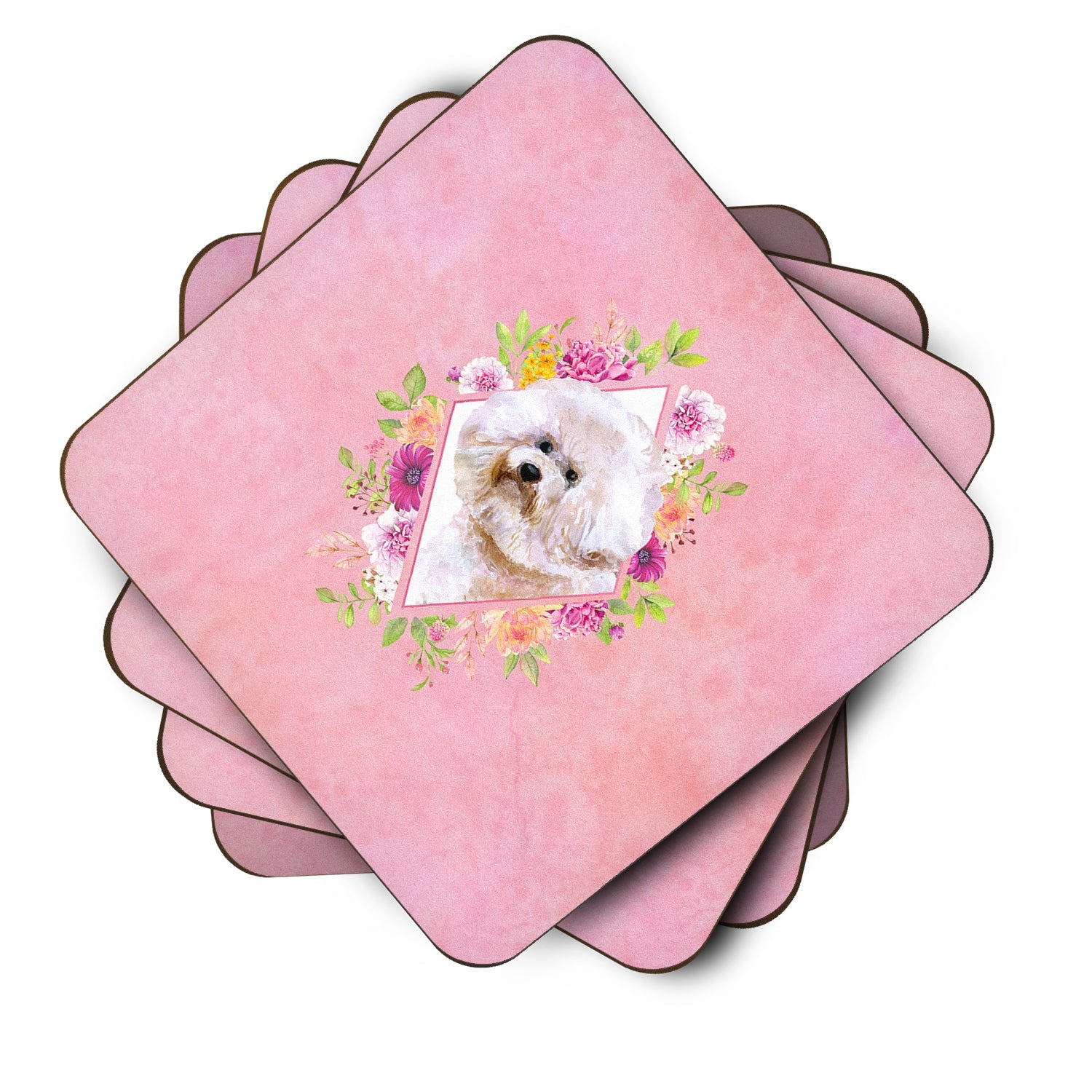 Bichon Frisé #1 Pink Flowers Foam Coasters Set of 4 Cup Coasters for Indoor Outdoor, Tabletop Protection, Anti Slip, Mouse pad Material
