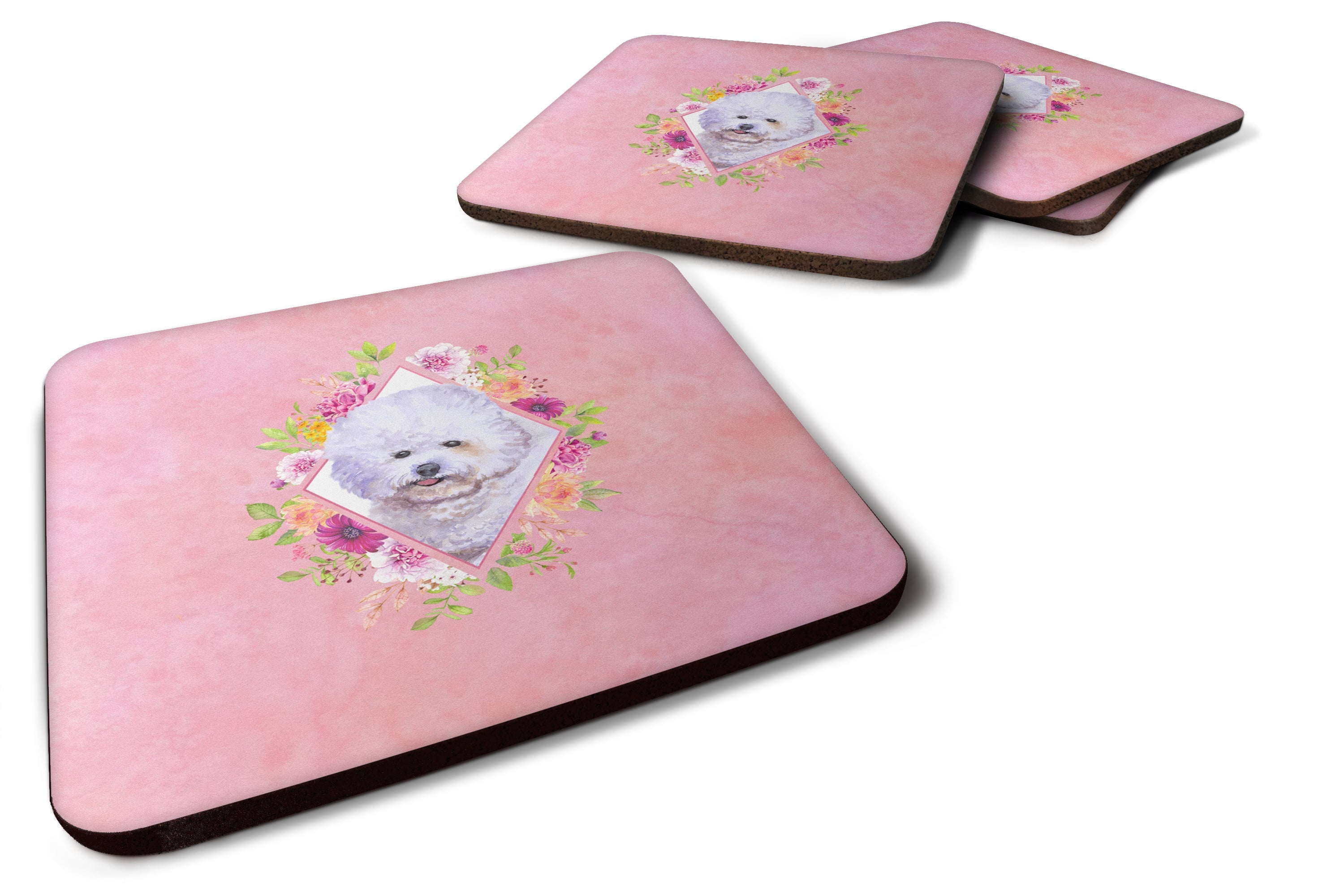 Bichon Frisé #2 Pink Flowers Foam Coasters Set of 4 Cup Coasters for Indoor Outdoor, Tabletop Protection, Anti Slip, Mouse pad Material