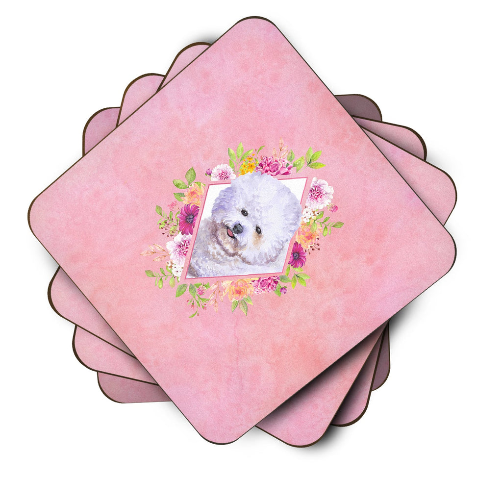 Bichon Frisé #2 Pink Flowers Foam Coasters Set of 4 Cup Coasters for Indoor Outdoor, Tabletop Protection, Anti Slip, Mouse pad Material