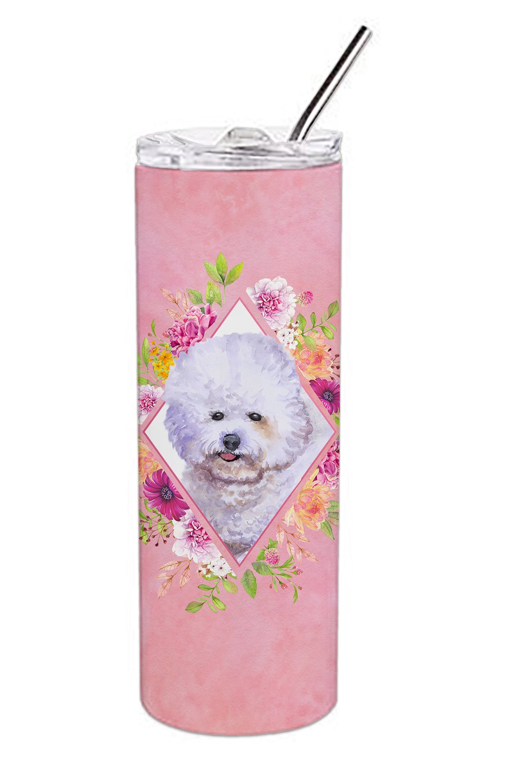 Bichon Frisé #2 Pink Flowers Stainless Steel Skinny Tumbler 20 oz Vacuum Double Walled Reusable Insulated Travel Cup