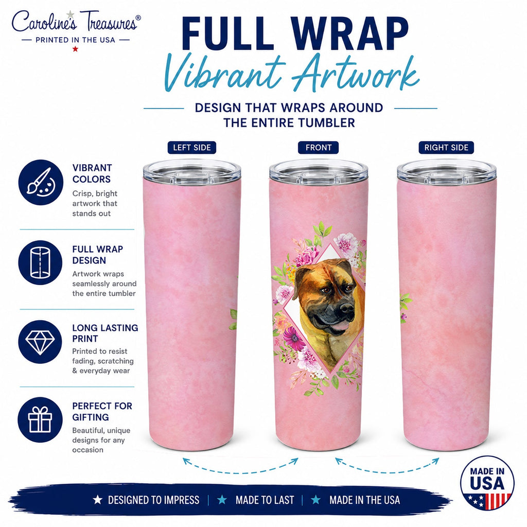 Borboel Mastiff Pink Flowers Stainless Steel Skinny Tumbler 20 oz Vacuum Double Walled Reusable Insulated Travel Cup