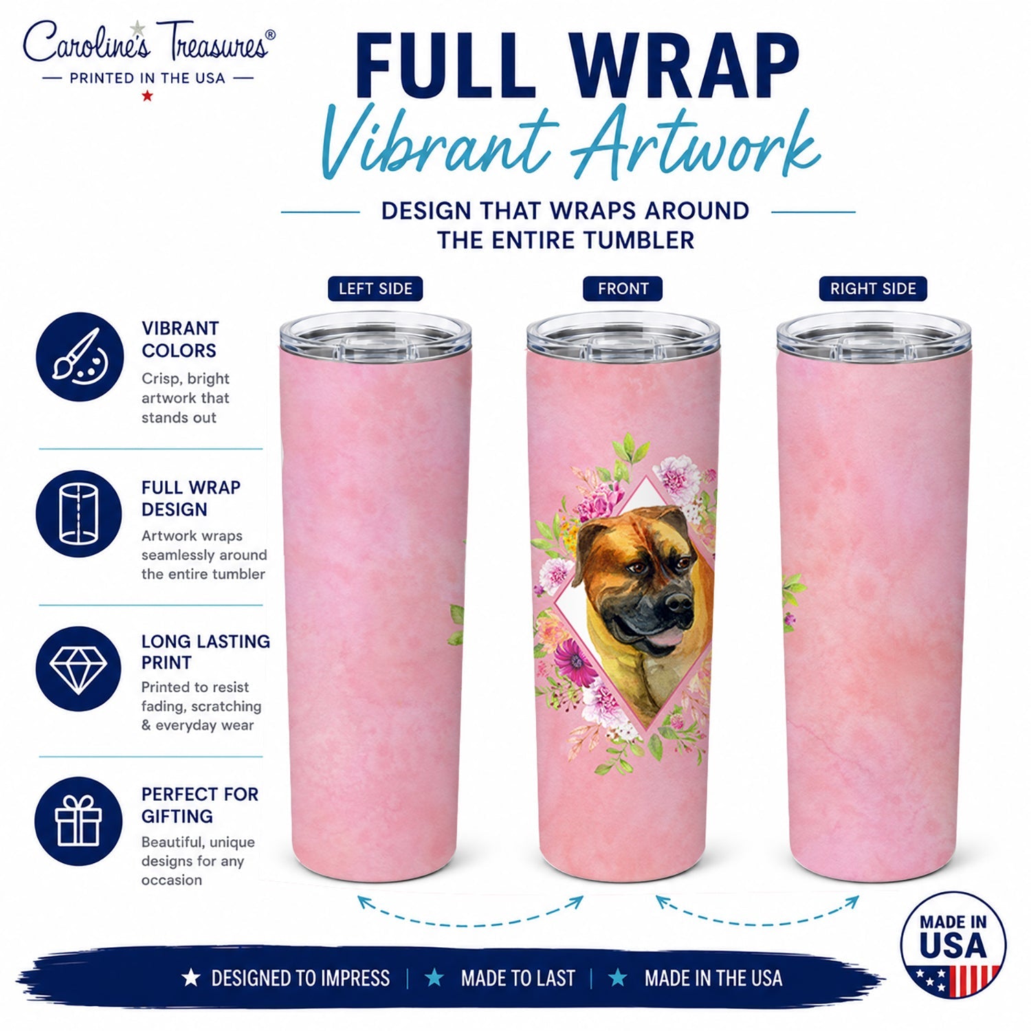 Borboel Mastiff Pink Flowers Stainless Steel Skinny Tumbler 20 oz Vacuum Double Walled Reusable Insulated Travel Cup