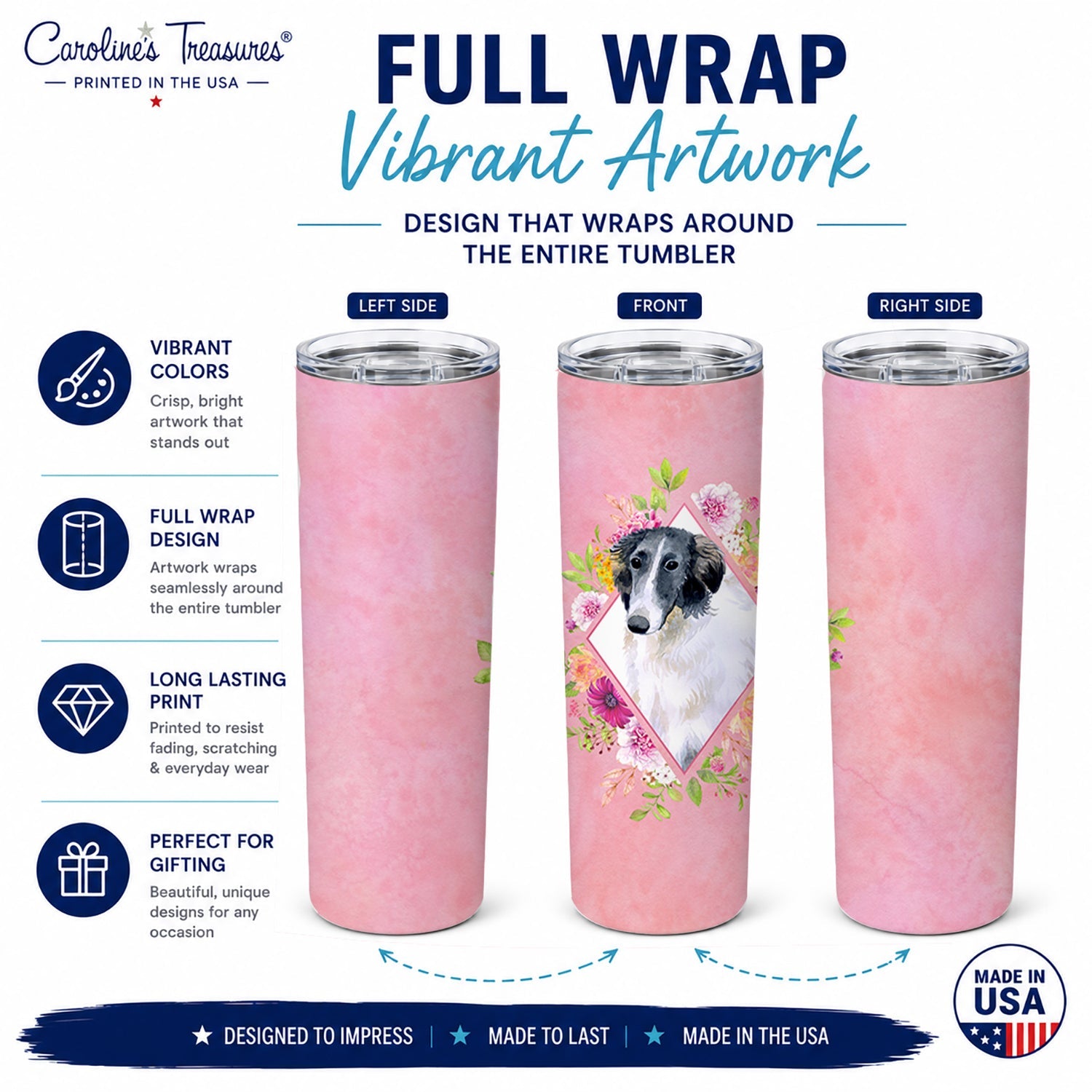 Borzoi Pink Flowers Stainless Steel Skinny Tumbler 20 oz Vacuum Double Walled Reusable Insulated Travel Cup