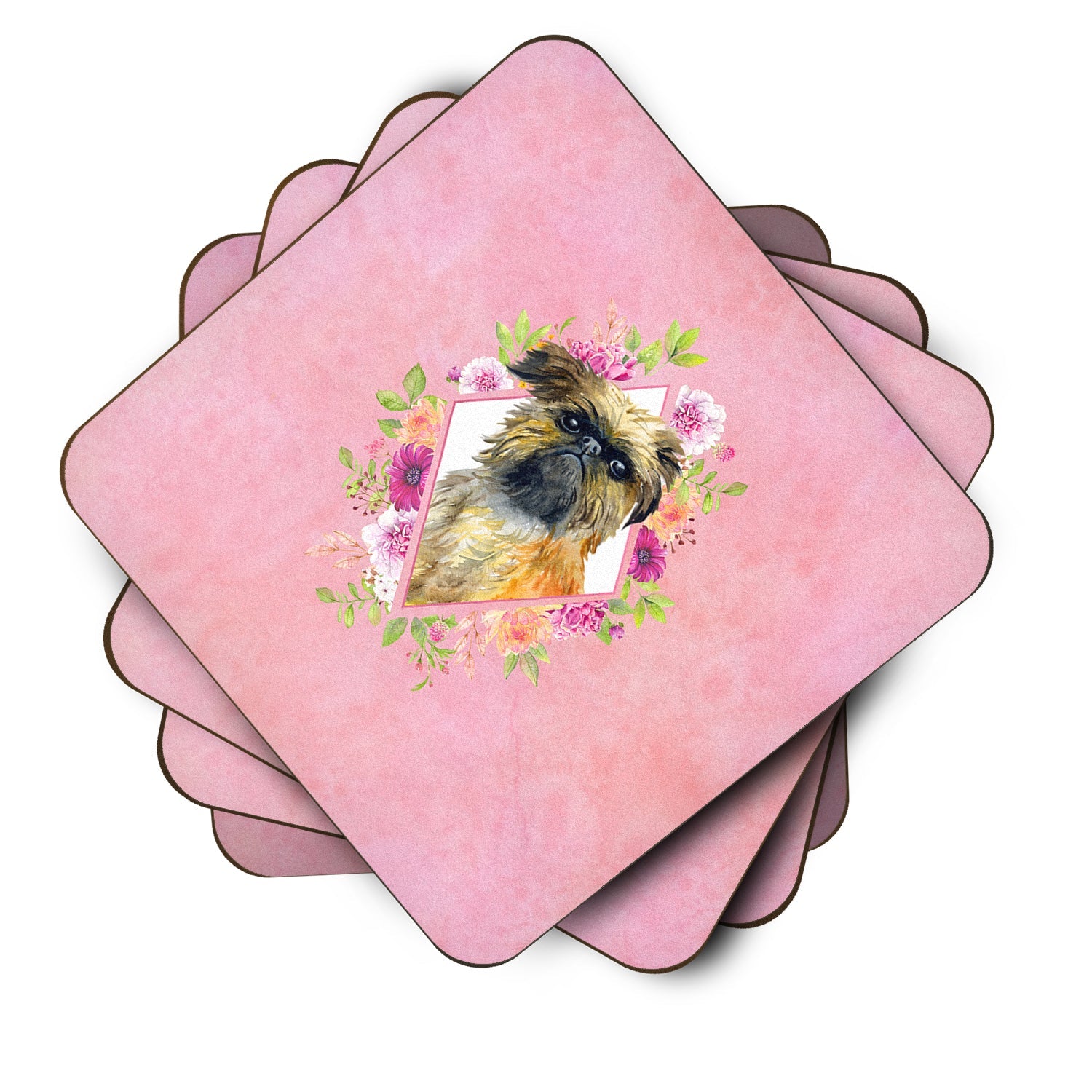 Brussels Griffon Pink Flowers Foam Coasters Set of 4 Cup Coasters for Indoor Outdoor, Tabletop Protection, Anti Slip, Mouse pad Material
