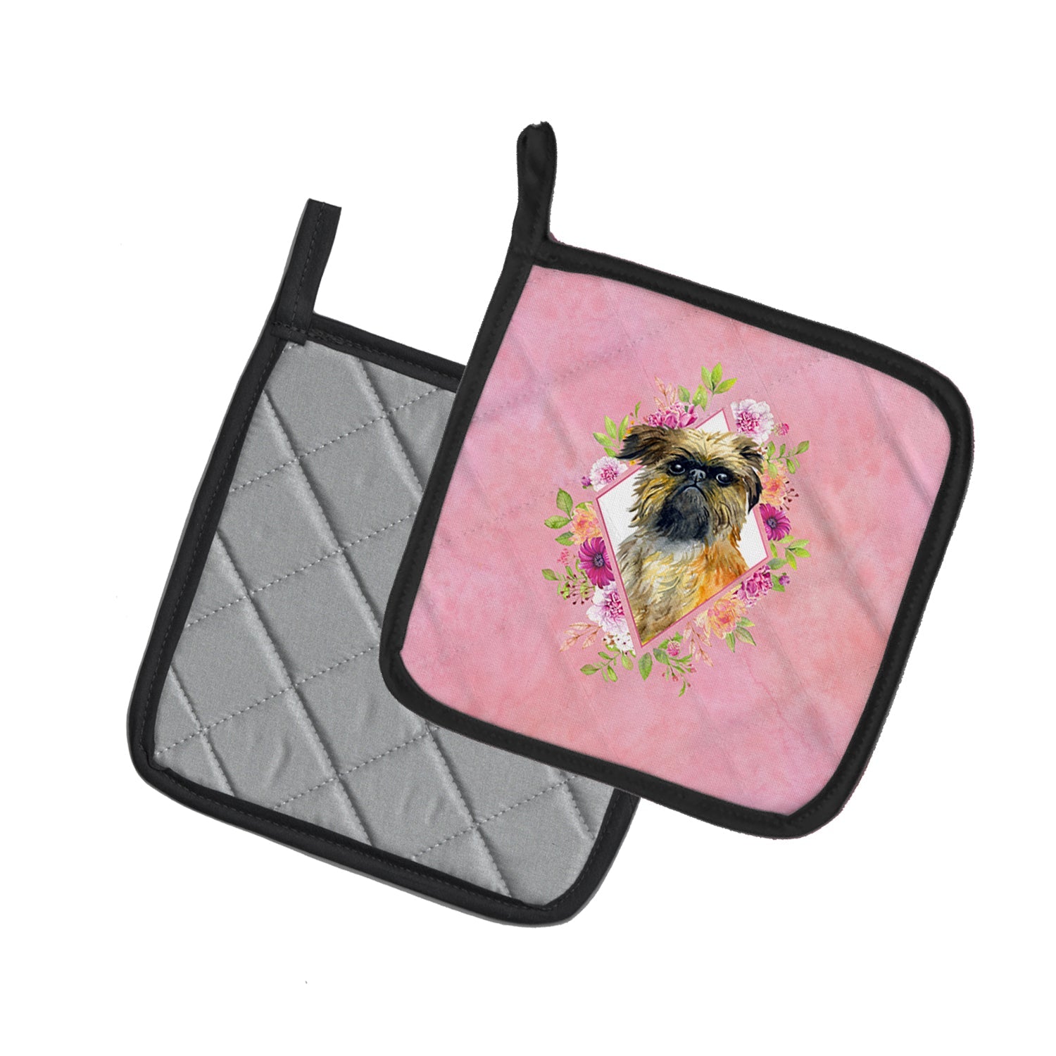 Brussels Griffon Pink Flowers Pot Holder Set of 2 Heat Resistant Quilted Hot Pads 7.5 x 7.5 Inch, Insulated Kitchen Trivets for Cooking & Baking