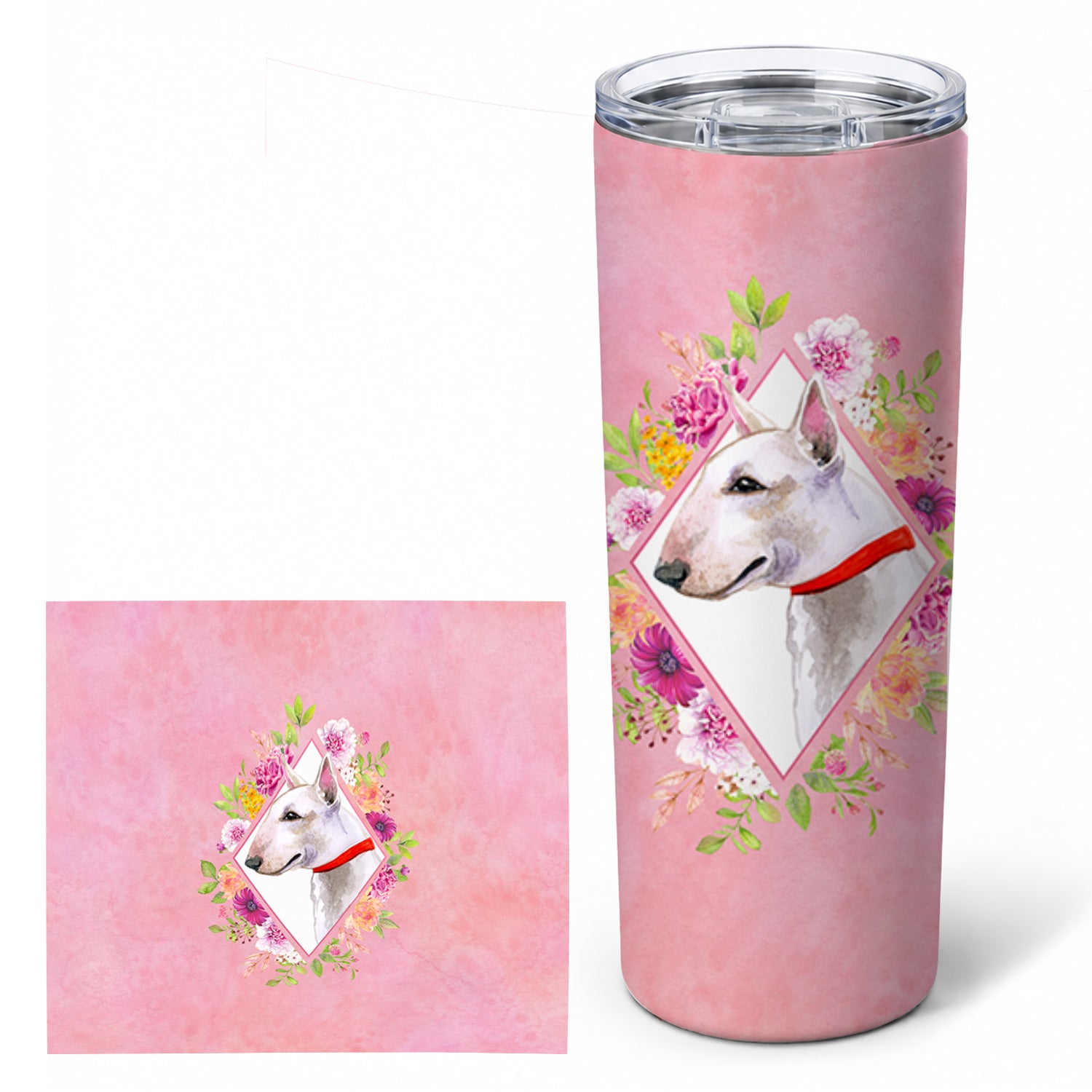 Bull Terrier Pink Flowers Stainless Steel Skinny Tumbler 20 oz Vacuum Double Walled Reusable Insulated Travel Cup