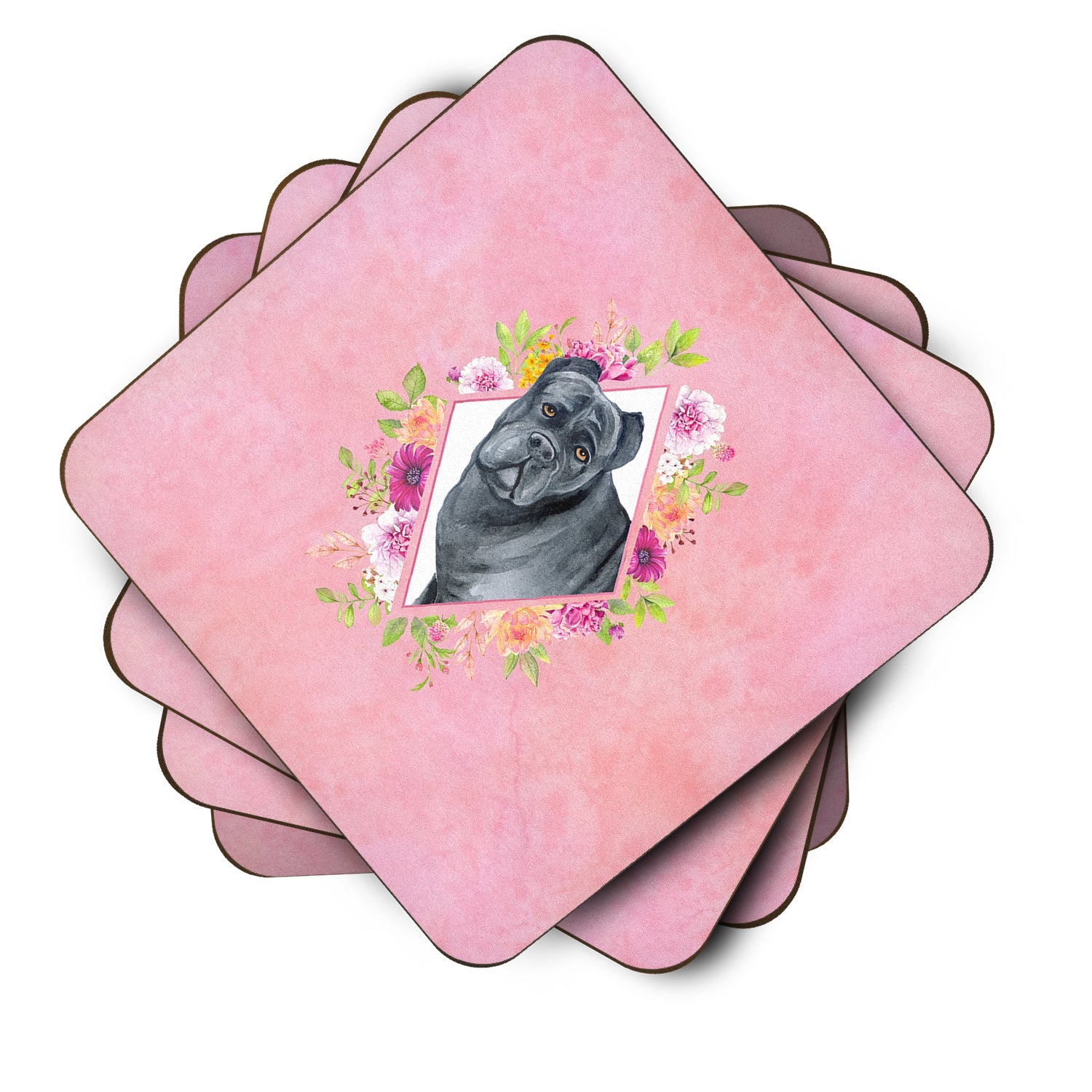 Cane Corso Pink Flowers Foam Coasters Set of 4 Cup Coasters for Indoor Outdoor, Tabletop Protection, Anti Slip, Mouse pad Material
