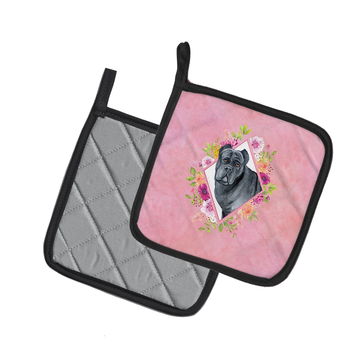 Cane Corso Pink Flowers Pot Holder Set of 2 Heat Resistant Quilted Hot Pads 7.5 x 7.5 Inch, Insulated Kitchen Trivets for Cooking & Baking