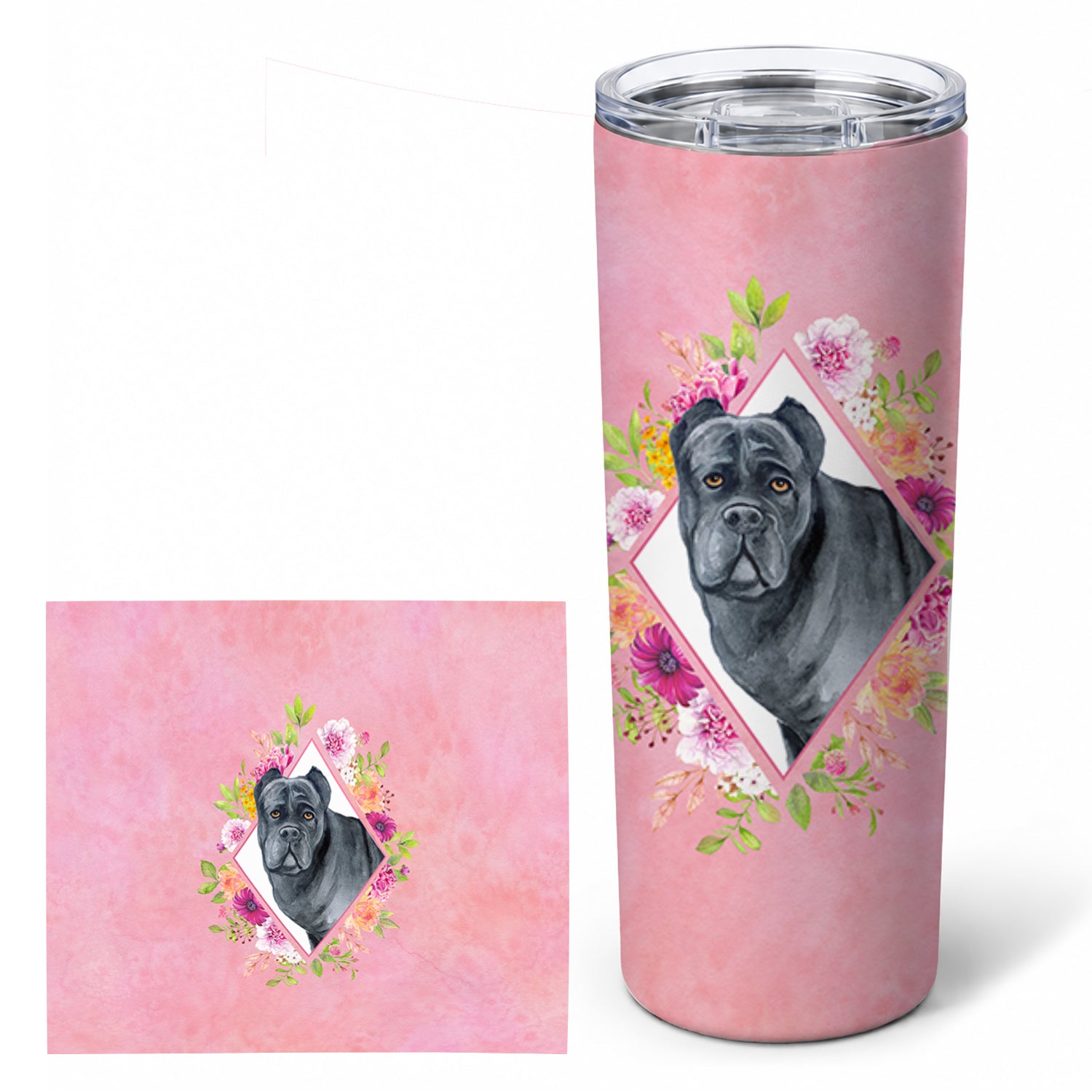 Cane Corso Pink Flowers Stainless Steel Skinny Tumbler 20 oz Vacuum Double Walled Reusable Insulated Travel Cup