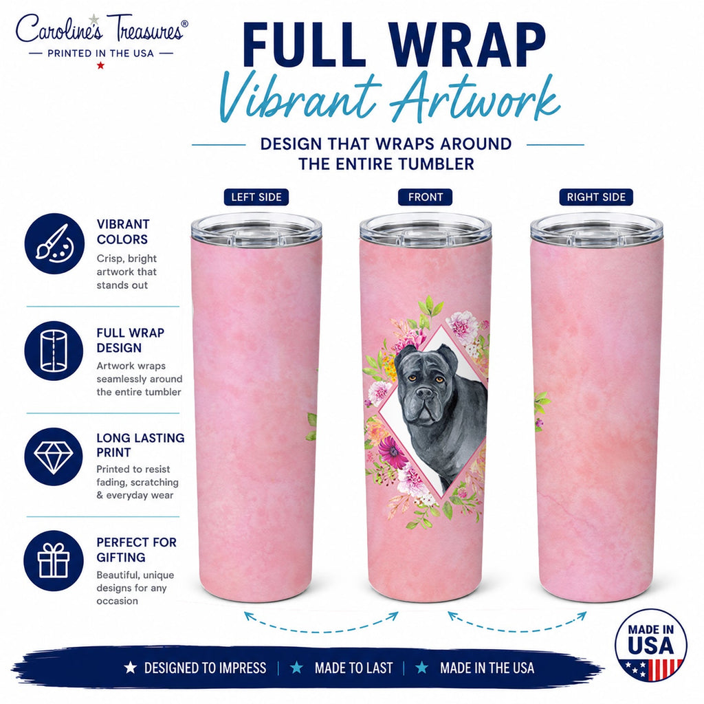 Cane Corso Pink Flowers Stainless Steel Skinny Tumbler 20 oz Vacuum Double Walled Reusable Insulated Travel Cup