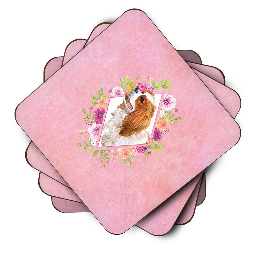Cavalier King Charles Spaniel Pink Flowers Foam Coasters Set of 4 Cup Coasters for Indoor Outdoor, Tabletop Protection, Anti Slip, Mouse pad Material