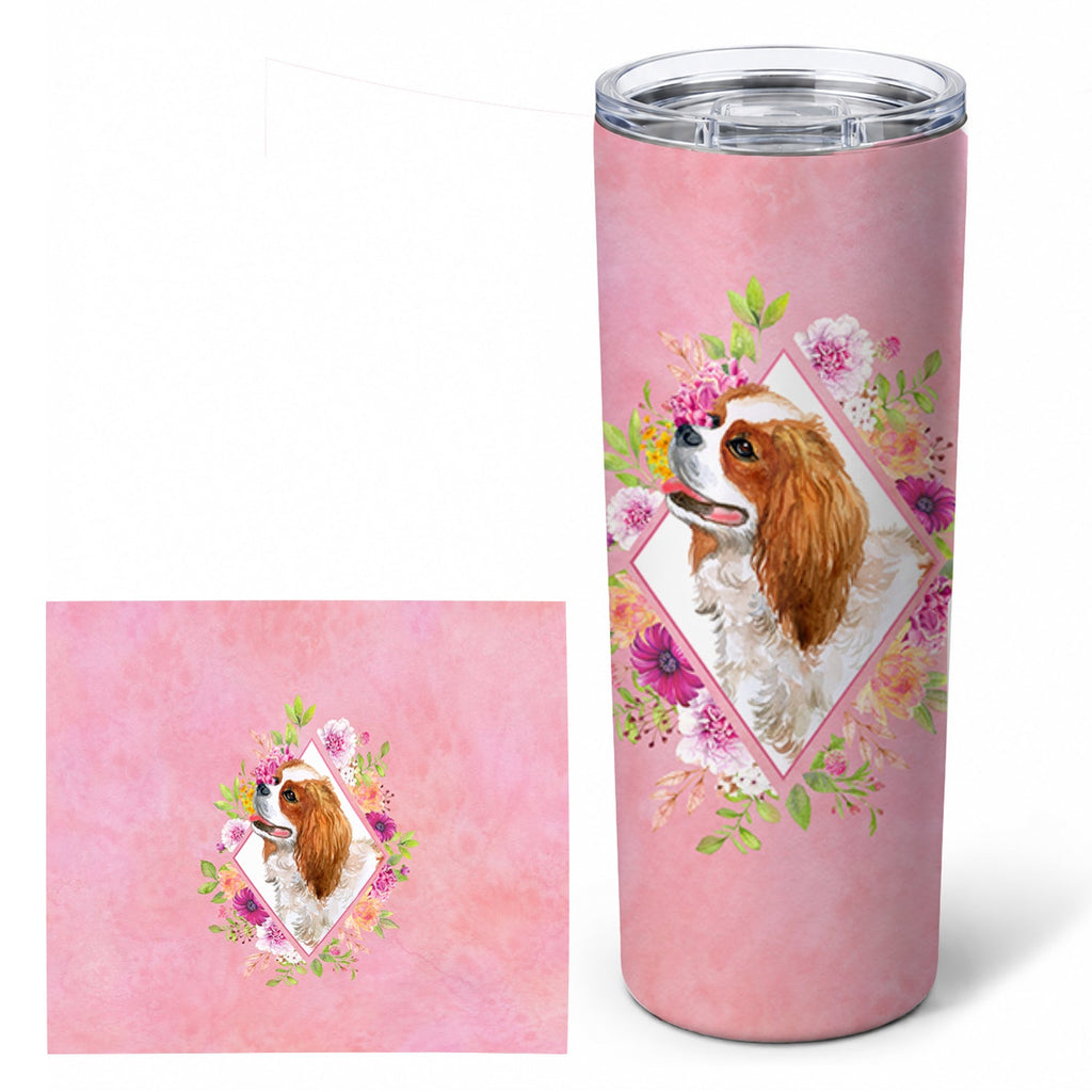 Cavalier King Charles Spaniel Pink Flowers Stainless Steel Skinny Tumbler 20 oz Vacuum Double Walled Reusable Insulated Travel Cup