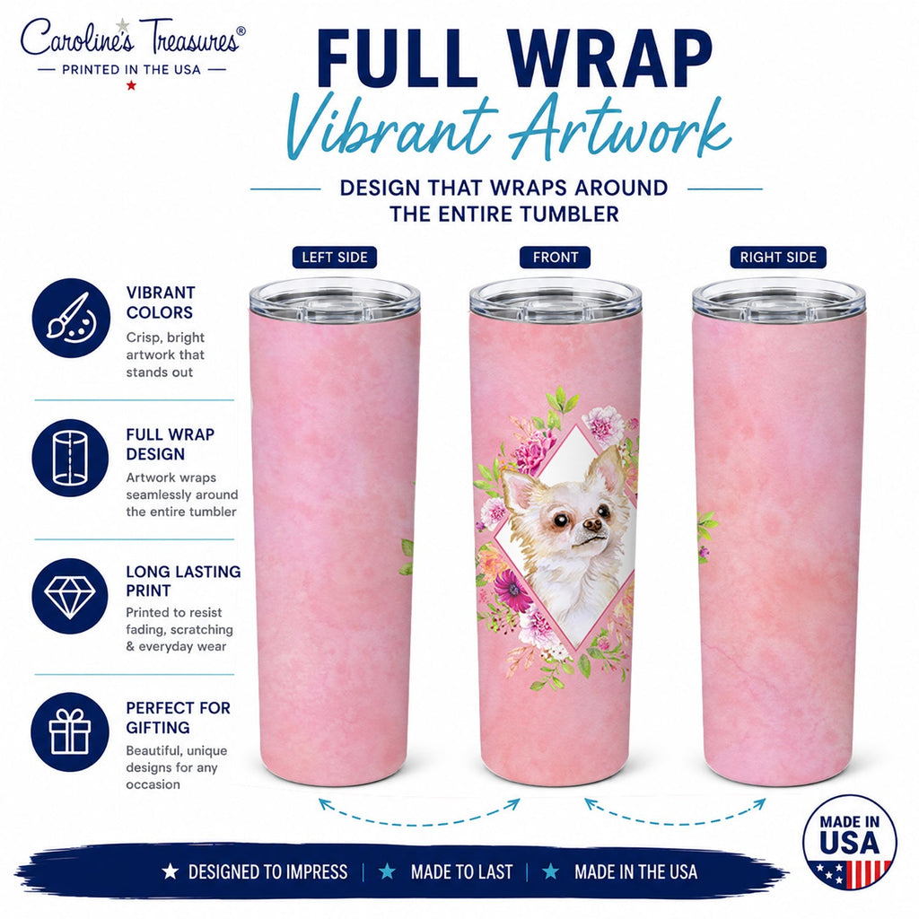 Long Hair Chihuahua Pink Flowers Stainless Steel Skinny Tumbler 20 oz Vacuum Double Walled Reusable Insulated Travel Cup