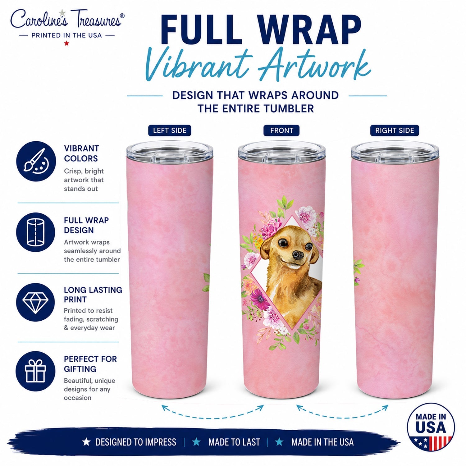 Chihuahua #1 Pink Flowers Stainless Steel Skinny Tumbler 20 oz Vacuum Double Walled Reusable Insulated Travel Cup