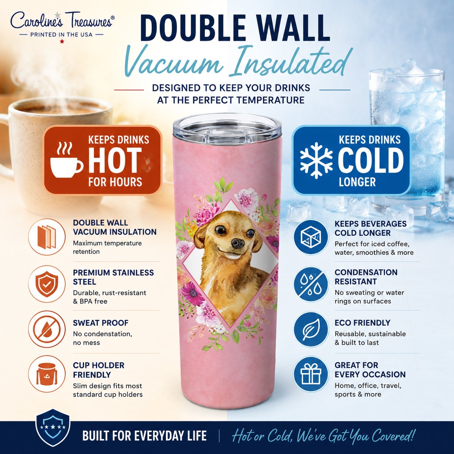 Chihuahua #1 Pink Flowers Stainless Steel Skinny Tumbler 20 oz Vacuum Double Walled Reusable Insulated Travel Cup