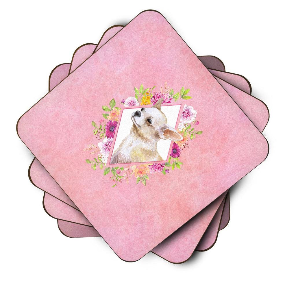 Chihuahua #2 Pink Flowers Foam Coasters Set of 4 Cup Coasters for Indoor Outdoor, Tabletop Protection, Anti Slip, Mouse pad Material