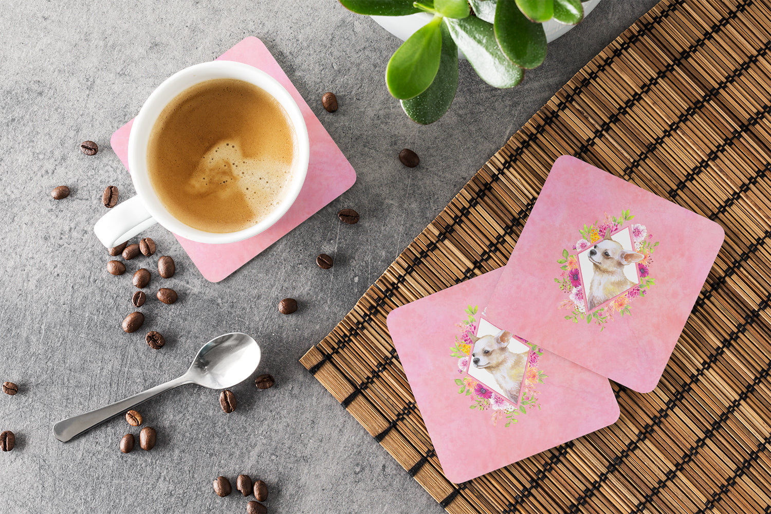 Chihuahua #2 Pink Flowers Foam Coasters Set of 4 Cup Coasters for Indoor Outdoor, Tabletop Protection, Anti Slip, Mouse pad Material