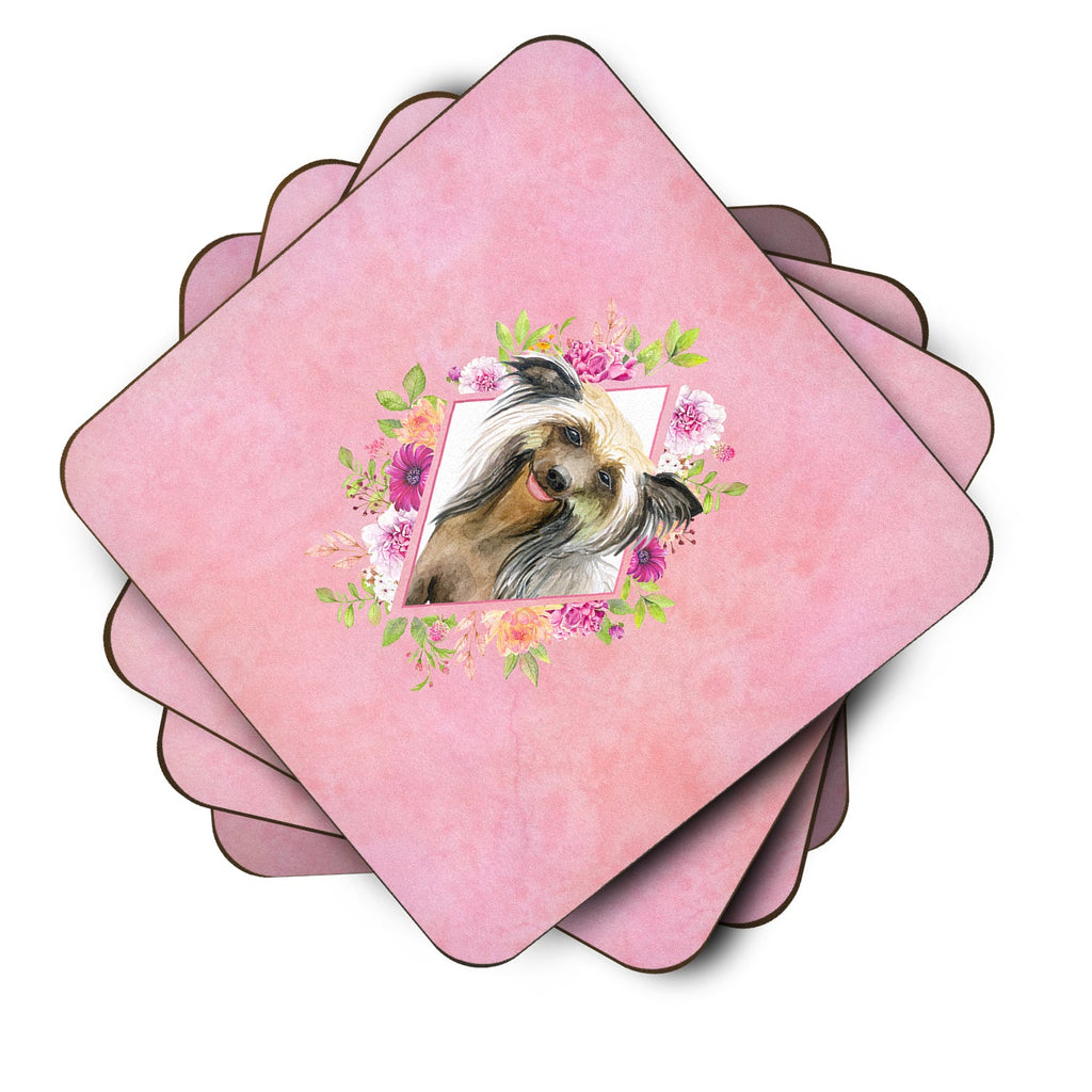 Chinese Crested Pink Flowers Foam Coasters Set of 4 Cup Coasters for Indoor Outdoor, Tabletop Protection, Anti Slip, Mouse pad Material