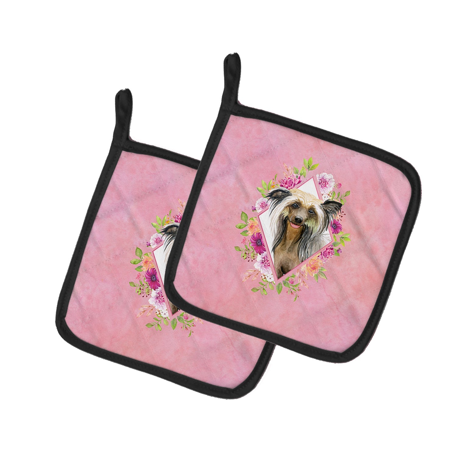 Chinese Crested Pink Flowers Pot Holder Set of 2 Heat Resistant Quilted Hot Pads 7.5 x 7.5 Inch, Insulated Kitchen Trivets for Cooking & Baking