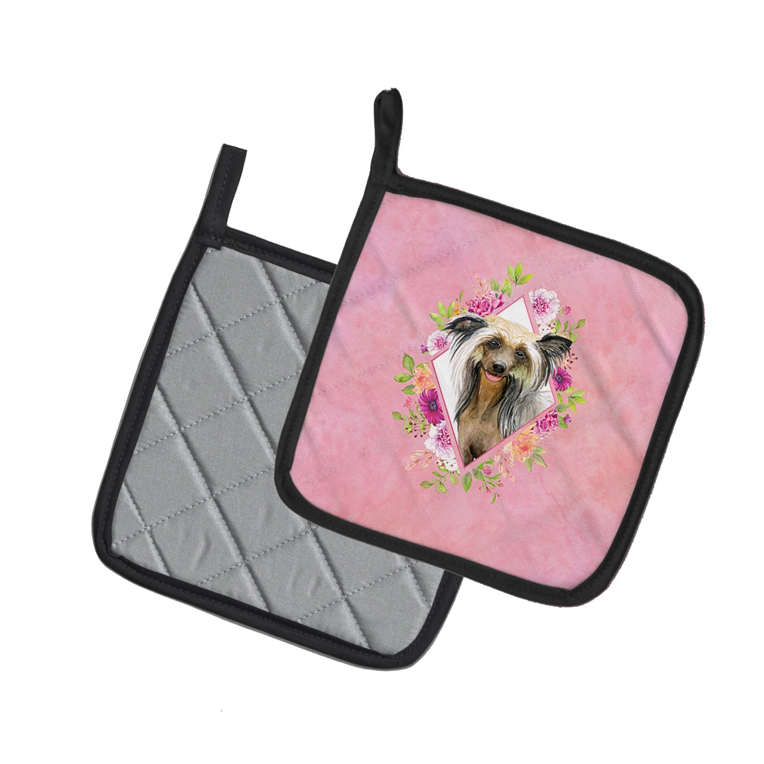 Chinese Crested Pink Flowers Pot Holder Set of 2 Heat Resistant Quilted Hot Pads 7.5 x 7.5 Inch, Insulated Kitchen Trivets for Cooking & Baking