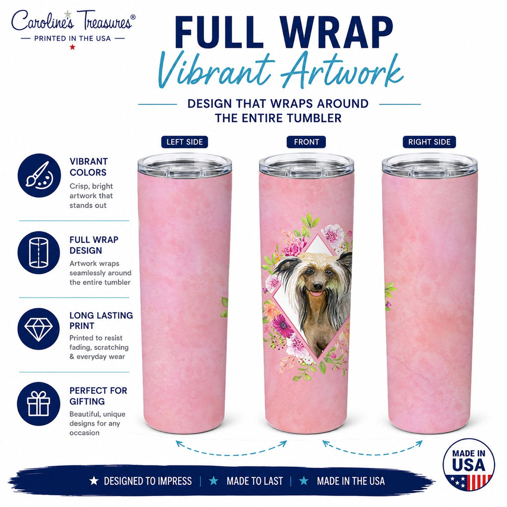 Chinese Crested Pink Flowers Stainless Steel Skinny Tumbler 20 oz Vacuum Double Walled Reusable Insulated Travel Cup