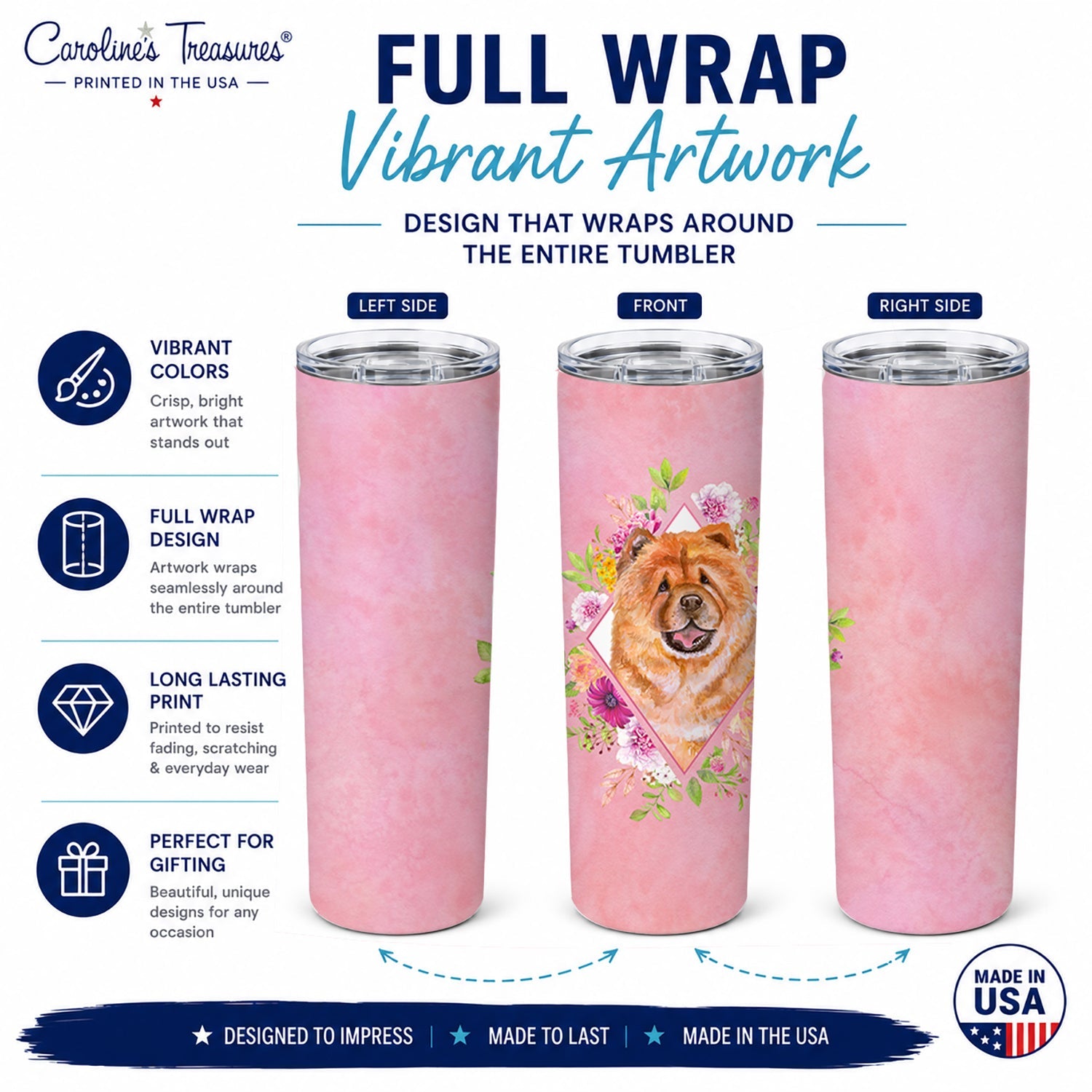 Chow Chow #1 Pink Flowers Stainless Steel Skinny Tumbler 20 oz Vacuum Double Walled Reusable Insulated Travel Cup