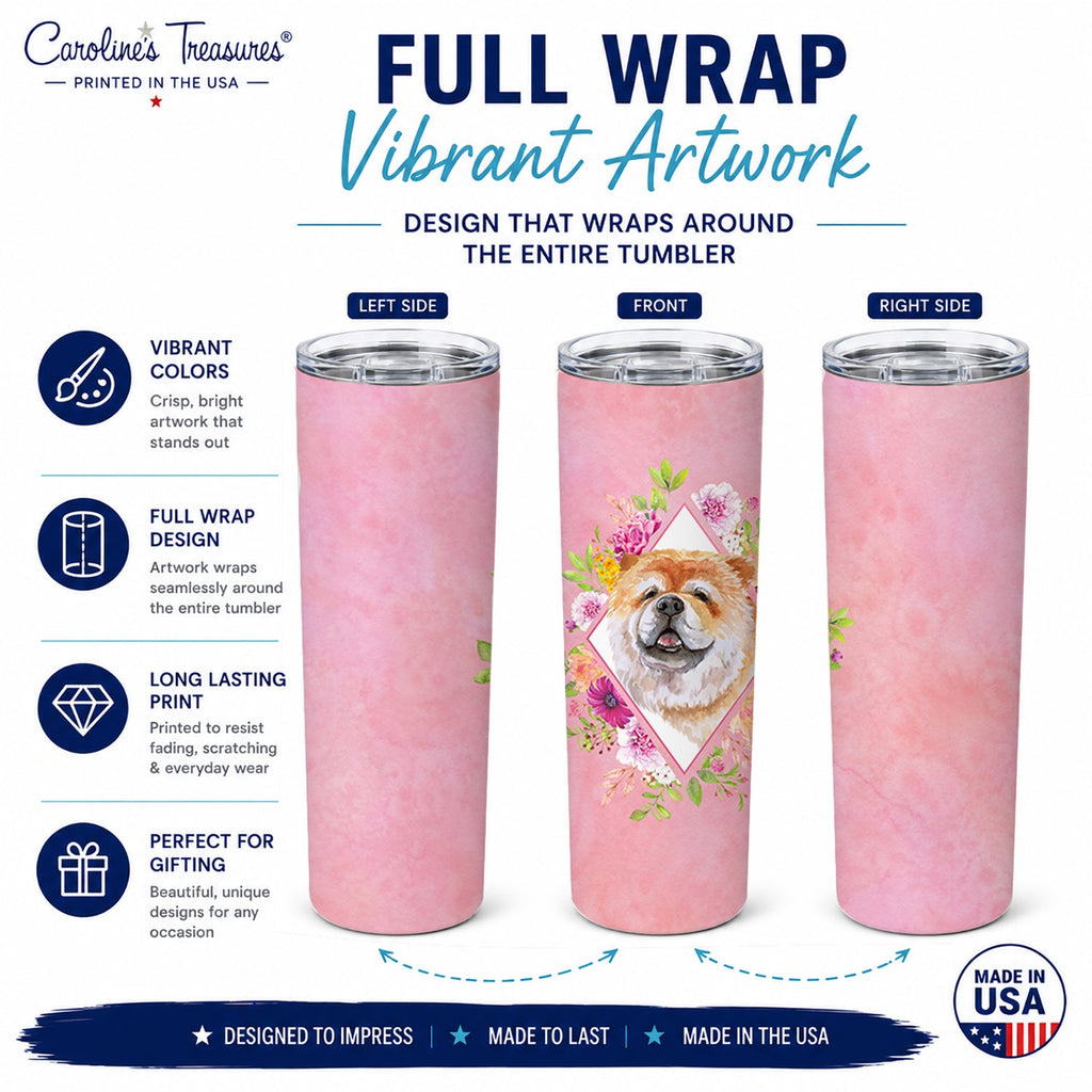 Chow Chow #2 Pink Flowers Stainless Steel Skinny Tumbler 20 oz Vacuum Double Walled Reusable Insulated Travel Cup